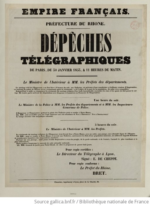 Empire Français Préfecture du Rhône Dépêches télégraphiques De Paris