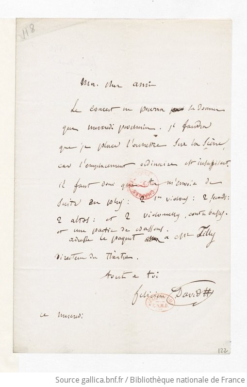 Lettre de Félicien David à Monsieur Sylvain St Etienne 1848