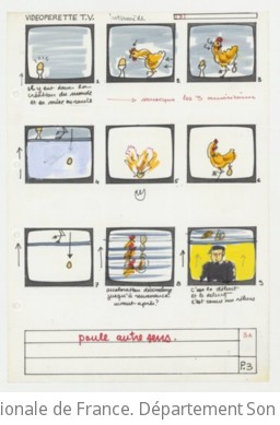 Fonds d'archives Michel Jaffrennou. 1989 : Videopérette. Vidéopérette : programmes télévision. Planches de story-board hors classeur. Spot n°3 : L'oeuf, la poule et le présentateur | 