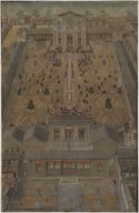Église du Beitang en vue plongeante, avec personnages en procession dans les jardins du Palais impérial  1701-1703 