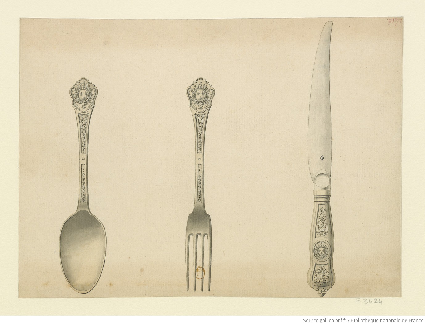 [Cuiller, fourchette et couteau du Roi] : [dessin] / [Nicolas Delaunay] - 1