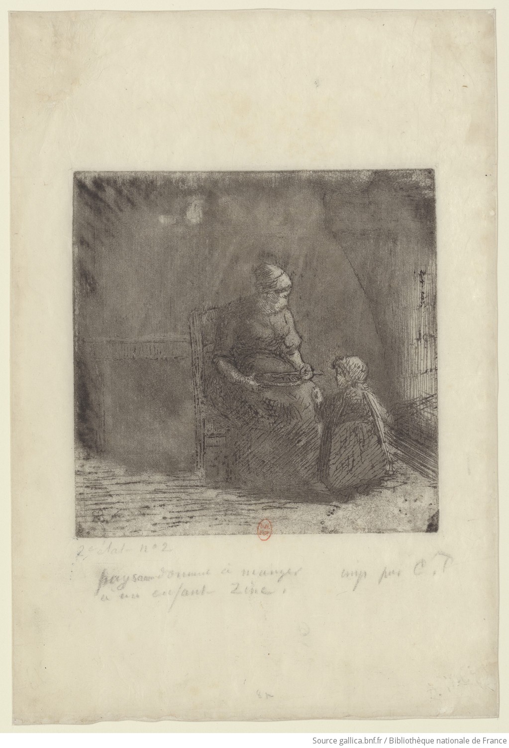 Paysanne donnant à manger à un enfant : [estampe] (2ème état, n°2) / impr. par C.P. [Camille Pissarro] - 1