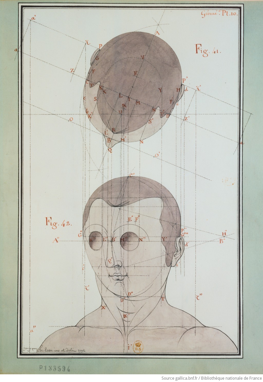 [Etude d'une tête humaine, vue de dessus et de trois-quart] : [dessin] / Jn Jques Le Queu inv. et delin. 1792 - 1