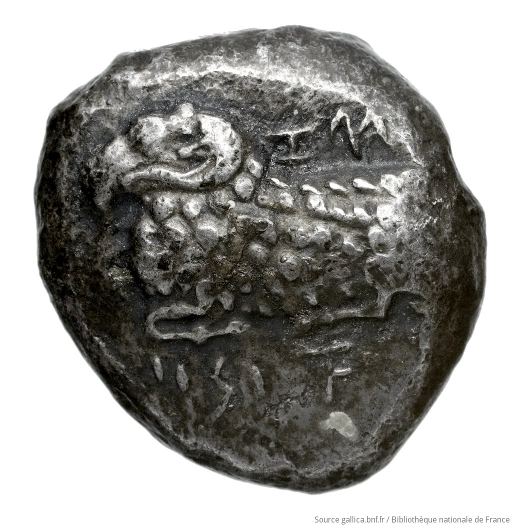 Obverse 'SilCoinCy A4423, Fonds général, acc.no.: Babelon 555. Silver coin of king Evelthon of Salamis 525 - 500 BC. Weight: 11.06g, Axis: -, Diameter: 19mm. Obverse type: ram lying l.. Obverse symbol: -. Obverse legend: e-u-le-to in Cypriot syllabic. Reverse type: smooth. Reverse symbol: -. Reverse legend: - in -. 'Catalogue des monnaies grecques de la Bibliothèque Nationale: les Perses Achéménides, les satrapes et les dynastes tributaires de leur empire: Cypre et la Phénicie'.