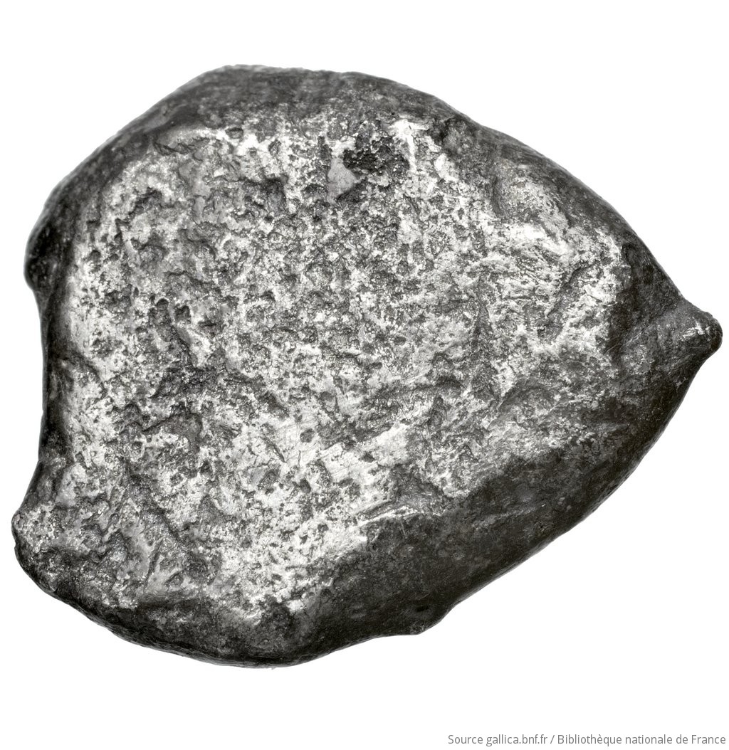Οπισθότυπος 'SilCoinCy A4424, Fonds général, acc.no.: Babelon 558. Silver coin of king Evelthon of Salamis 525 - 500 BC. Weight: 10.84g, Axis: -, Diameter: 22mm. Obverse type: ram lying l.. Obverse symbol: -. Obverse legend: e-u-we in Cypriot syllabic. Reverse type: smooth. Reverse symbol: -. Reverse legend: - in -. 'Catalogue des monnaies grecques de la Bibliothèque Nationale: les Perses Achéménides, les satrapes et les dynastes tributaires de leur empire: Cypre et la Phénicie'.