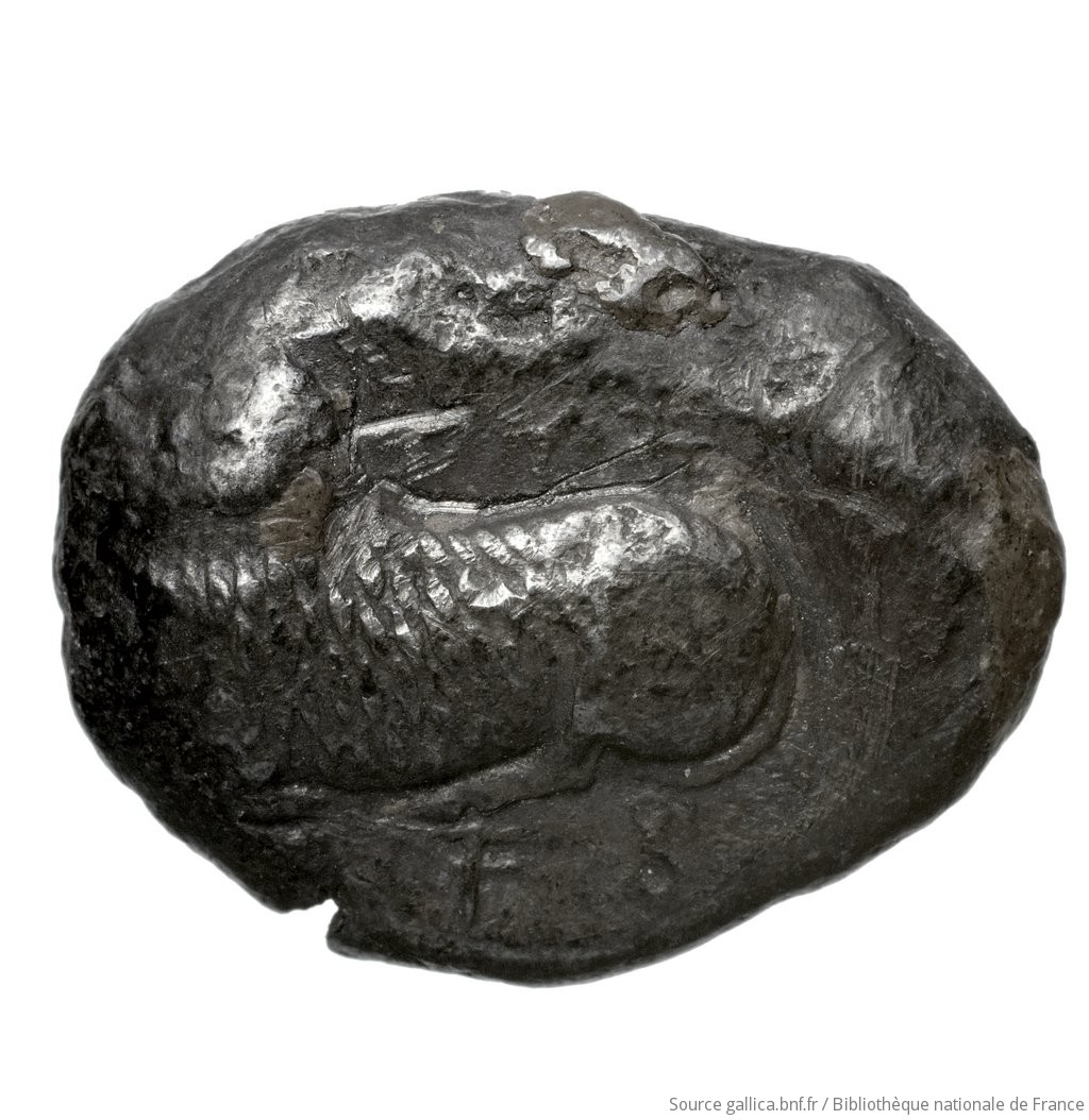 Obverse 'SilCoinCy A4425, Fonds général, acc.no.: Babelon 559. Silver coin of king Evelthon of Salamis 525 - 500 BC. Weight: 10.98g, Axis: -, Diameter: 21mm. Obverse type: ram lying l.. Obverse symbol: -. Obverse legend: e-u-we-le-to in Cypriot syllabic. Reverse type: smooth. Reverse symbol: -. Reverse legend: - in -. 'Catalogue des monnaies grecques de la Bibliothèque Nationale: les Perses Achéménides, les satrapes et les dynastes tributaires de leur empire: Cypre et la Phénicie'.
