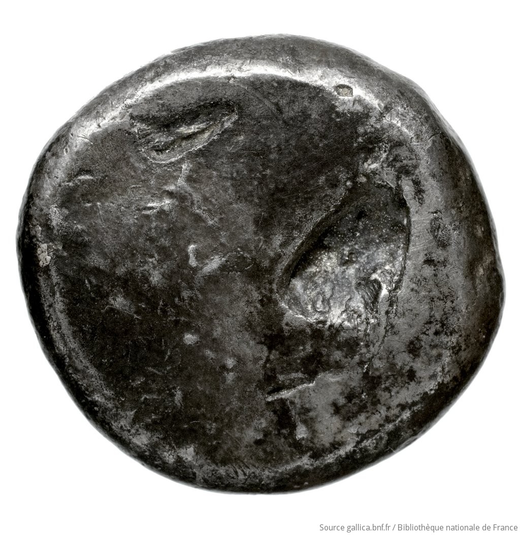 Reverse 'SilCoinCy A4427, Waddington, acc.no.: Babelon 561A. Silver coin of king Evelthon of Salamis 525 - 500 BC. Weight: 11.01g, Axis: -, Diameter: 20mm. Obverse type: ram lying l.. Obverse symbol: -. Obverse legend: e-u-we-le-to-ne in Cypriot syllabic. Reverse type: smooth. Reverse symbol: -. Reverse legend: - in -. 'Catalogue des monnaies grecques de la Bibliothèque Nationale: les Perses Achéménides, les satrapes et les dynastes tributaires de leur empire: Cypre et la Phénicie', 'Inventaire de la Collection Waddington'.