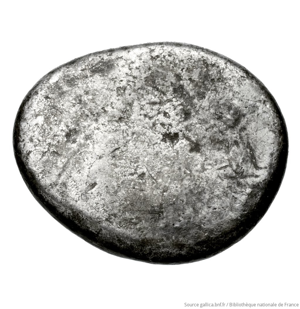 Οπισθότυπος 'SilCoinCy A4430, Fonds général, acc.no.: Babelon 563. Silver coin of king Evelthon of Salamis 525 - 500 BC. Weight: 1.71g, Axis: -, Diameter: 12mm. Obverse type: ram lying l.. Obverse symbol: -. Obverse legend: e-u-we in Cypriot syllabic. Reverse type: smooth. Reverse symbol: -. Reverse legend: - in -. 'Catalogue des monnaies grecques de la Bibliothèque Nationale: les Perses Achéménides, les satrapes et les dynastes tributaires de leur empire: Cypre et la Phénicie'.