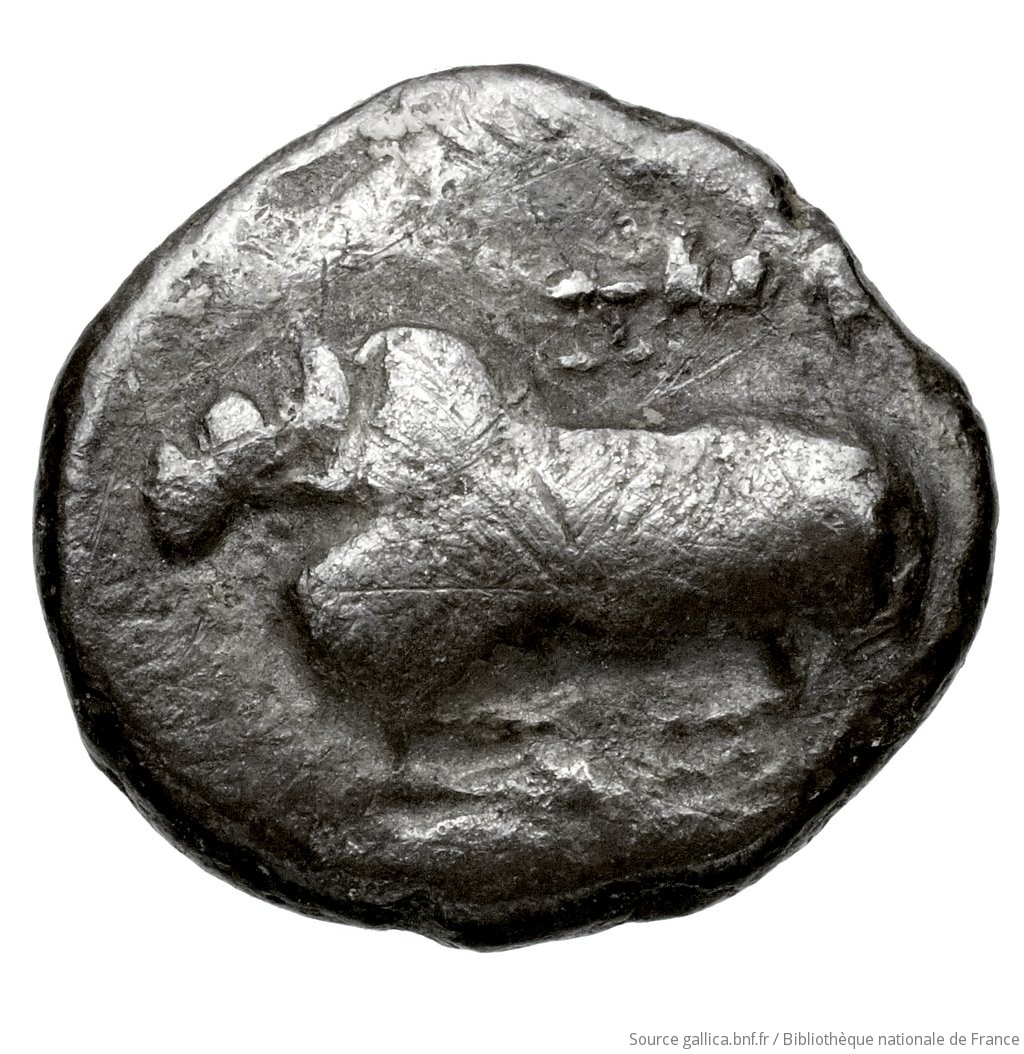 Obverse 'SilCoinCy A4431, Fonds général, acc.no.: Babelon 564. Silver coin of king Evelthon of Salamis 525 - 500 BC. Weight: 1.49g, Axis: -, Diameter: 12.5mm. Obverse type: ram lying l.. Obverse symbol: -. Obverse legend: e-u-we in Cypriot syllabic. Reverse type: smooth. Reverse symbol: -. Reverse legend: - in -. 'Catalogue des monnaies grecques de la Bibliothèque Nationale: les Perses Achéménides, les satrapes et les dynastes tributaires de leur empire: Cypre et la Phénicie'.