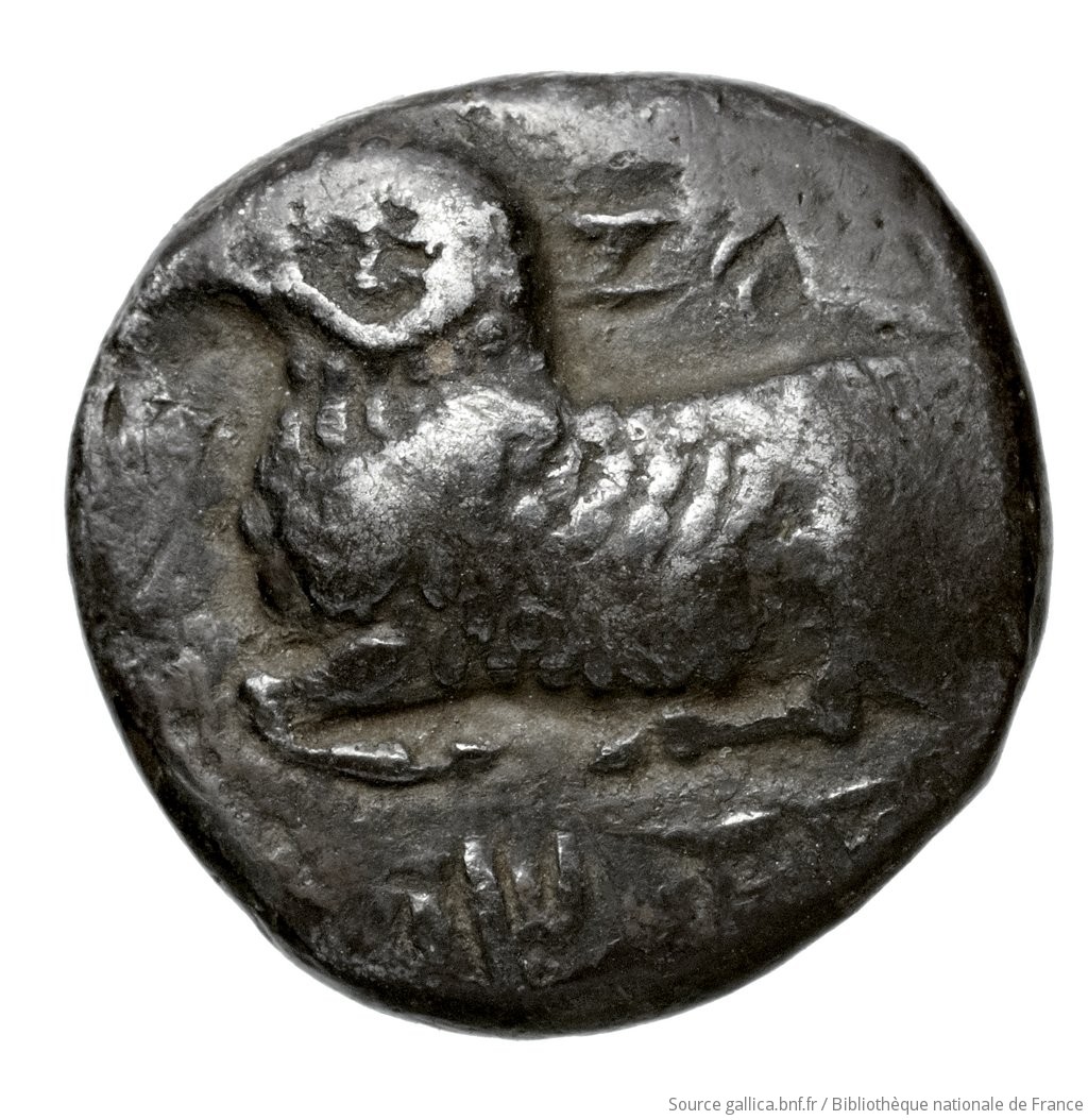 Obverse 'SilCoinCy A4434, Fonds général, acc.no.: Babelon 568. Silver coin of king Evelthon's successors of Salamis 500 - 478 BC. Weight: 3.45g, Axis: 7h, Diameter: 15mm. Obverse type: ram lying l.. Obverse symbol: -. Obverse legend: u-we-le-to-to-se in Cypriot syllabic. Reverse type: Ankh, the ring formed of pellets ranged about a linear circle.. Reverse symbol: -. Reverse legend: - in -. 'Catalogue des monnaies grecques de la Bibliothèque Nationale: les Perses Achéménides, les satrapes et les dynastes tributaires de leur empire: Cypre et la Phénicie'.