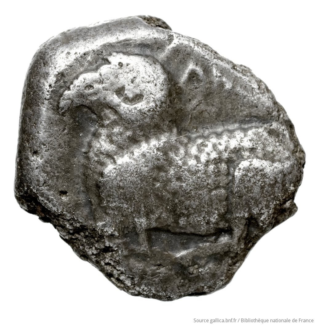 Obverse 'SilCoinCy A4440, Fonds général, acc.no.: Babelon 570. Silver coin of king Evelthon's successors of Salamis 500 - 478 BC. Weight: 8.98g, Axis: 5h, Diameter: 20mm. Obverse type: ram lying l.. Obverse symbol: -. Obverse legend: u-we in Cypriot syllabic. Reverse type: Ankh, the ring formed of pellets ranged about a linear circle; in circle, inscription: the whole in incuse square. In four corners, four cypriot-syllabic signs. Reverse symbol: -. Reverse legend: pa-si-le-wo in Cypriot syllabic. 'Catalogue des monnaies grecques de la Bibliothèque Nationale: les Perses Achéménides, les satrapes et les dynastes tributaires de leur empire: Cypre et la Phénicie'.