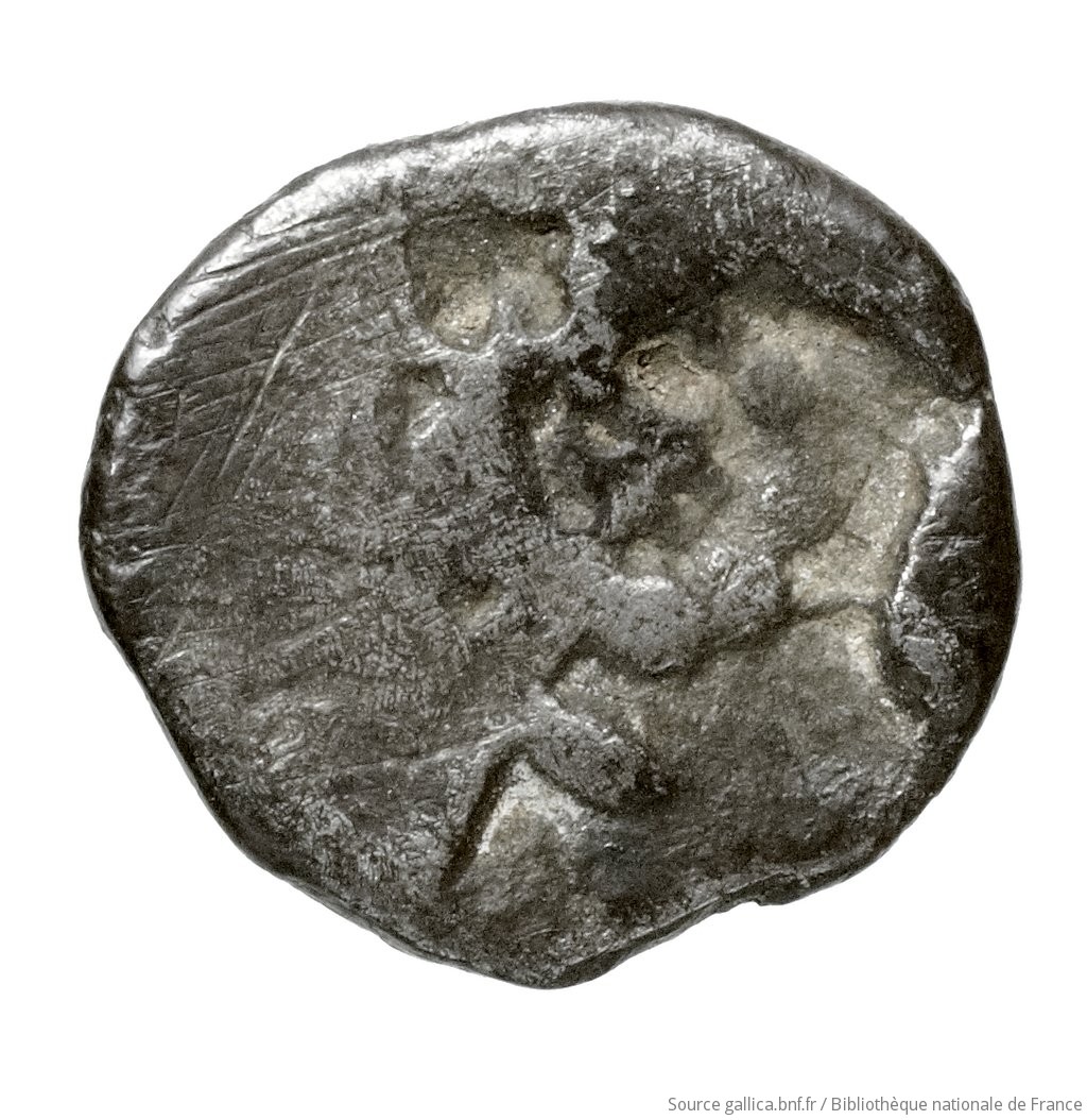 Οπισθότυπος 'SilCoinCy A4442, Fonds général, acc.no.: Babelon 572. Silver coin of king Evelthon's successors of Salamis 500 - 478 BC. Weight: 0.79g, Axis: 12h, Diameter: 9mm. Obverse type: ram's head left. Obverse symbol: -. Obverse legend: - in -. Reverse type: Ankh, the ring formed of pellets ranged about a linear circle; in circle, cypriot syllabic sign.. Reverse symbol: -. Reverse legend: - in -. 'Catalogue des monnaies grecques de la Bibliothèque Nationale: les Perses Achéménides, les satrapes et les dynastes tributaires de leur empire: Cypre et la Phénicie'.