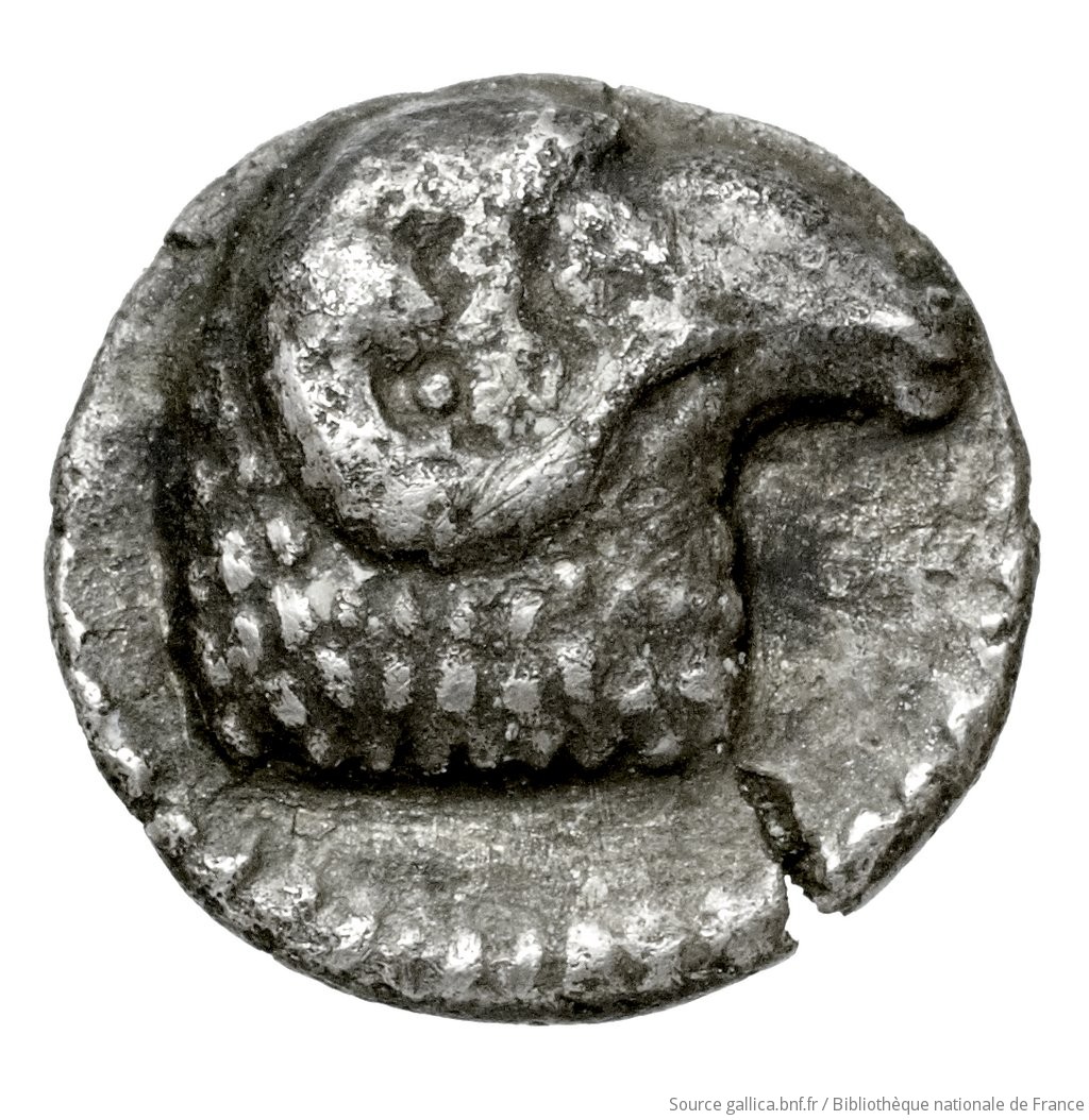 Obverse 'SilCoinCy A4443, Fonds général, acc.no.: . Silver coin of king Evelthon's successors of Salamis 500 - 478 BC. Weight: 0.88g, Axis: 2h, Diameter: 10mm. Obverse type: ram's head right. Obverse symbol: -. Obverse legend: - in -. Reverse type: Ankh, the ring formed of pellets ranged about a linear circle; in circle, cypriot syllabic sign.. Reverse symbol: -. Reverse legend: ku in Cypriot syllabic.