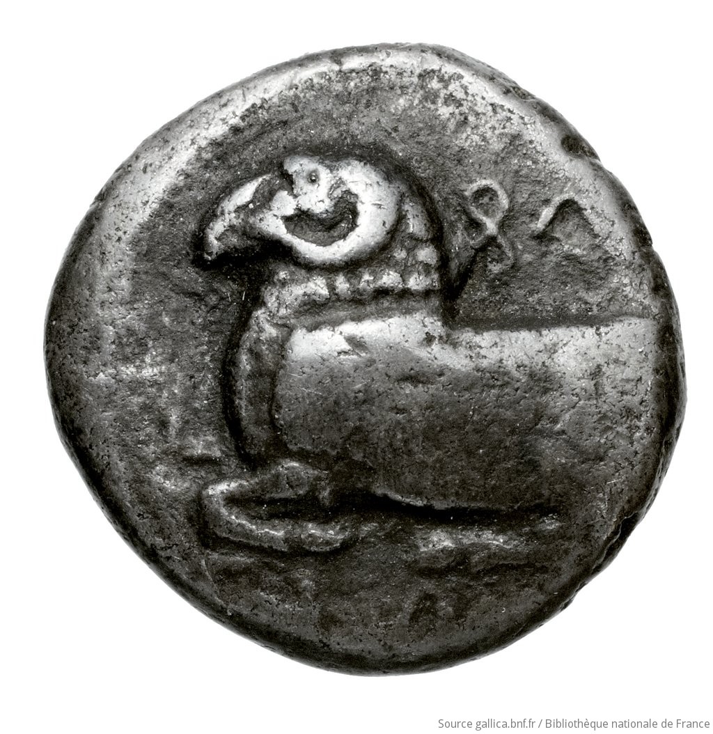 Εμπροσθότυπος 'SilCoinCy A4445, Fonds général, acc.no.: Babelon 574. Silver coin of king Nikodamos of Salamis 450 BC - . Weight: 2.93g, Axis: 3h, Diameter: 14mm. Obverse type: ram lying l.. Obverse symbol: -. Obverse legend: si-le in Cypriot syllabic. Reverse type: Ankh symbol, with plain double ring, and double bar: the whole in incuse square.. Reverse symbol: -. Reverse legend: ni-mi-la-se in Cypriot syllabic. 'Catalogue des monnaies grecques de la Bibliothèque Nationale: les Perses Achéménides, les satrapes et les dynastes tributaires de leur empire: Cypre et la Phénicie'.