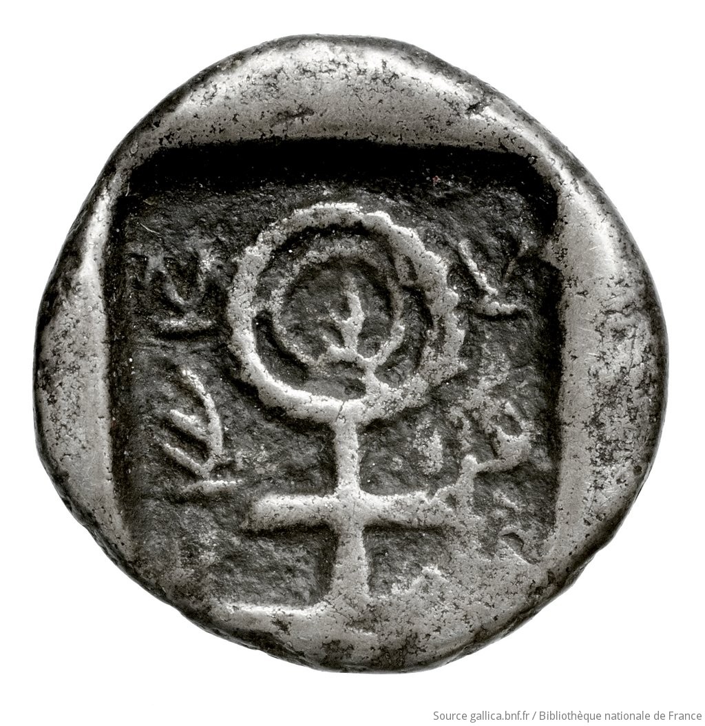 Reverse 'SilCoinCy A4445, Fonds général, acc.no.: Babelon 574. Silver coin of king Nikodamos of Salamis 450 BC - . Weight: 2.93g, Axis: 3h, Diameter: 14mm. Obverse type: ram lying l.. Obverse symbol: -. Obverse legend: si-le in Cypriot syllabic. Reverse type: Ankh symbol, with plain double ring, and double bar: the whole in incuse square.. Reverse symbol: -. Reverse legend: ni-mi-la-se in Cypriot syllabic. 'Catalogue des monnaies grecques de la Bibliothèque Nationale: les Perses Achéménides, les satrapes et les dynastes tributaires de leur empire: Cypre et la Phénicie'.