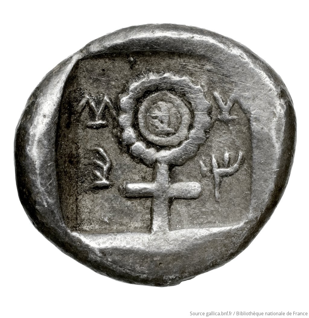 Reverse 'SilCoinCy A4449, Waddington, acc.no.: Babelon 575B. Silver coin of king Nikodamos of Salamis 450 BC - . Weight: 3.37g, Axis: 3h, Diameter: 15mm. Obverse type: ram lying l.. Obverse symbol: -. Obverse legend: pa-si-le-we-ni-ko-ta in Cypriot syllabic. Reverse type: Ankh, the ring formed of pellets ranged about a linear circle; in circle, inscription: the whole in incuse square. In four corners, four cypriot-syllabic signs. Reverse symbol: -. Reverse legend: ni-mi-la-se in Cypriot syllabic. 'Catalogue des monnaies grecques de la Bibliothèque Nationale: les Perses Achéménides, les satrapes et les dynastes tributaires de leur empire: Cypre et la Phénicie', 'Inventaire de la Collection Waddington'.