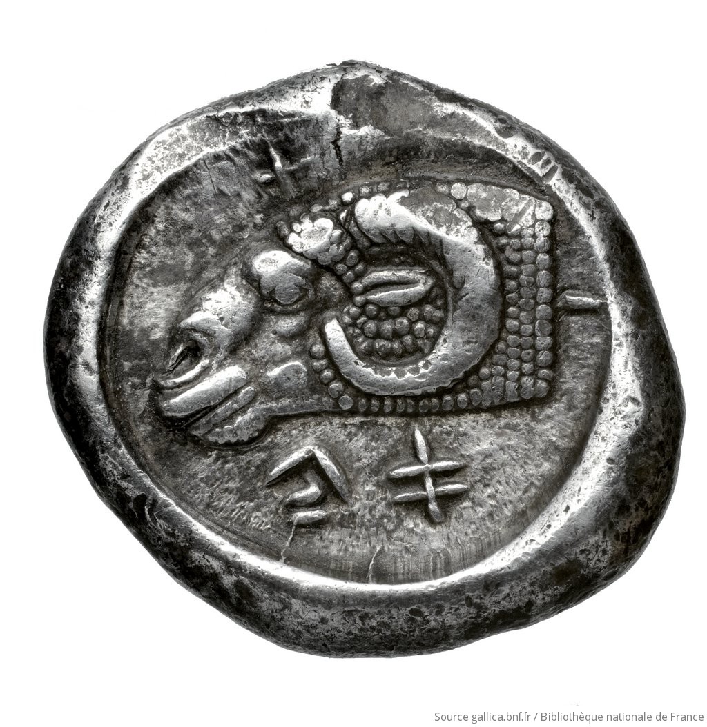 Οπισθότυπος 'SilCoinCy A4451, Fonds général, acc.no.: Babelon 576. Silver coin of king Evanthes of Salamis ca 450 BC
 - . Weight: 11.13g, Axis: 6h, Diameter: 21mm. Obverse type: ram lying l. above exergual line. Obverse symbol: -. Obverse legend: e-u-wa-te-o-se in Cypriot syllabic. Reverse type: ram’s head left. Reverse symbol: -. Reverse legend: pa-si in Cypriot syllabic. 'Catalogue des monnaies grecques de la Bibliothèque Nationale: les Perses Achéménides, les satrapes et les dynastes tributaires de leur empire: Cypre et la Phénicie'.