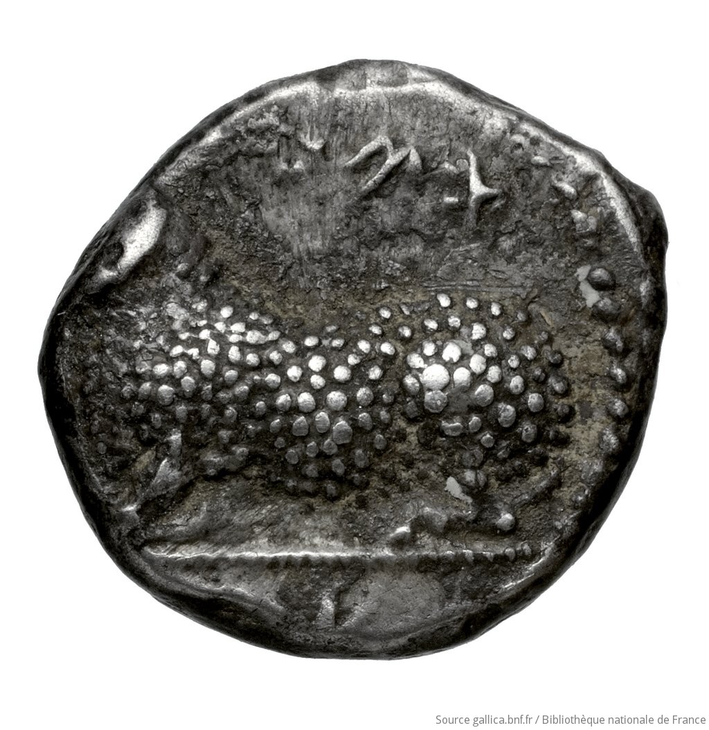 Obverse 'SilCoinCy A4452, Fonds général, acc.no.: . Silver coin of king Evanthes of Salamis ca 450 BC
 - . Weight: 1.77g, Axis: 2h, Diameter: 12mm. Obverse type: ram lying l. above exergual line. Obverse symbol: -. Obverse legend: e-u-wa in Cypriot syllabic. Reverse type: ram’s head left ; below wine leaf ?. Reverse symbol: -. Reverse legend: pa-si-le-wo in Cypriot syllabic.