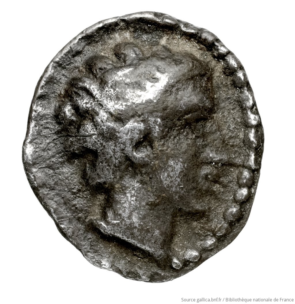Obverse 'SilCoinCy A4455, Fonds général, acc.no.: Fonds général 25. Silver coin of king  of  . Weight: 0.82g, Axis: -, Diameter: 11mm. Obverse type: Youthful male head right, with short curly hair: border of dots. Obverse symbol: -. Obverse legend: - in -. Reverse type: smooth. Reverse symbol: -. Reverse legend: - in -.