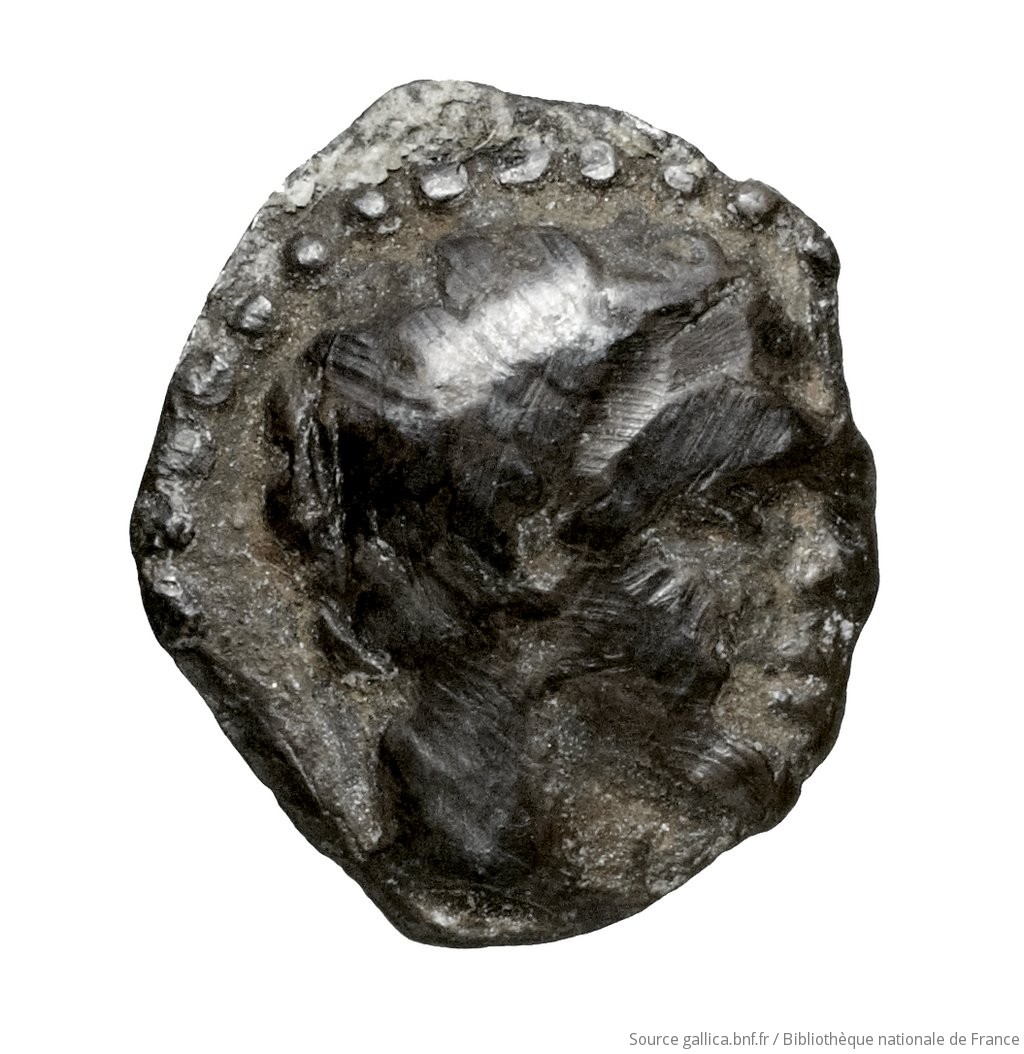 Εμπροσθότυπος 'SilCoinCy A4459, Fonds général, acc.no.: Babelon 579. Silver coin of king Evagoras I of Salamis 411 - 374 BC. Weight: 0.34g, Axis: -, Diameter: 9mm. Obverse type: Youthful male head right, with short curly hair: border of dots. Obverse symbol: -. Obverse legend: - in -. Reverse type: smooth. Reverse symbol: -. Reverse legend: - in -. 'Catalogue des monnaies grecques de la Bibliothèque Nationale: les Perses Achéménides, les satrapes et les dynastes tributaires de leur empire: Cypre et la Phénicie'.