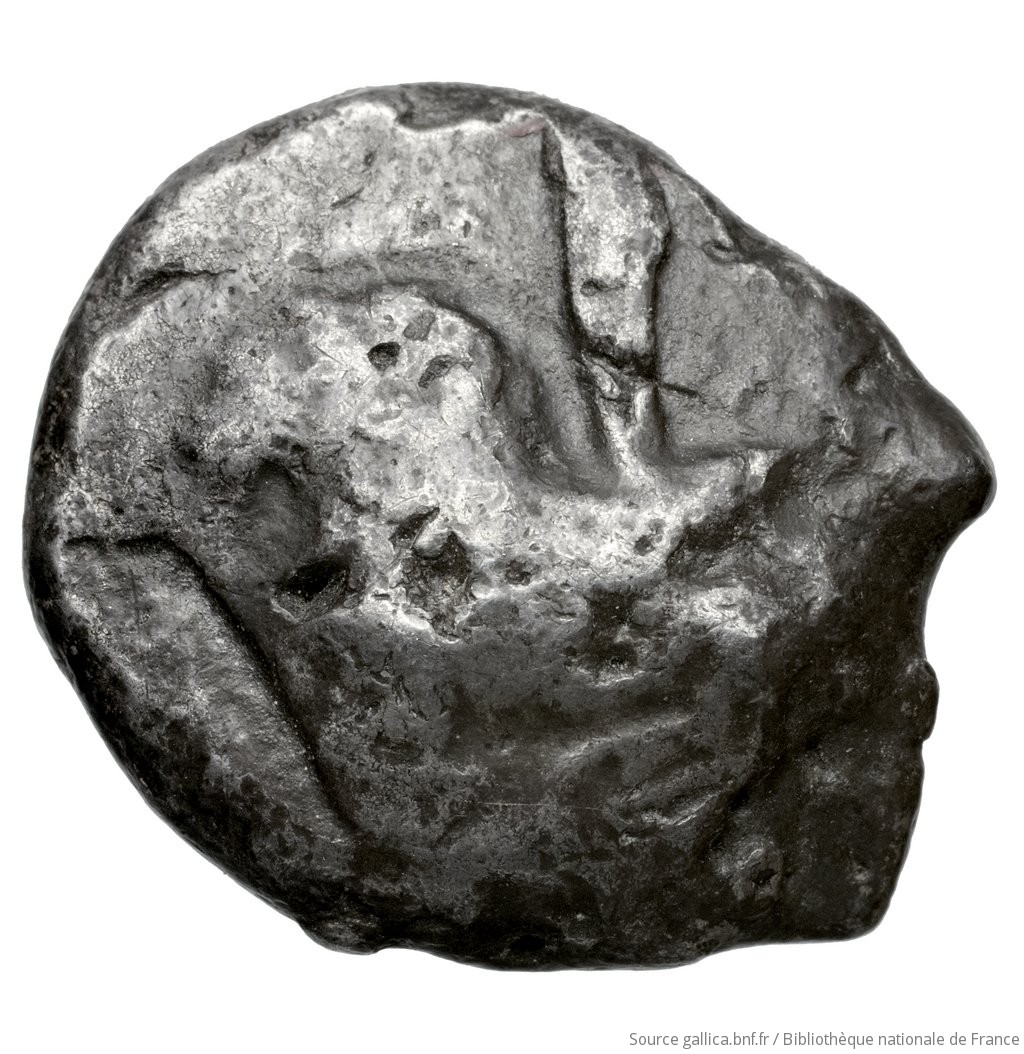 Obverse 'SilCoinCy A4464, Fonds général, acc.no.: . Silver coin of king Evagoras I of Salamis 411 - 374 BC. Weight: 11.2g, Axis: -, Diameter: 22mm. Obverse type: ram lying l.. Obverse symbol: -. Obverse legend: - in -. Reverse type: smooth. Reverse symbol: -. Reverse legend: - in -.