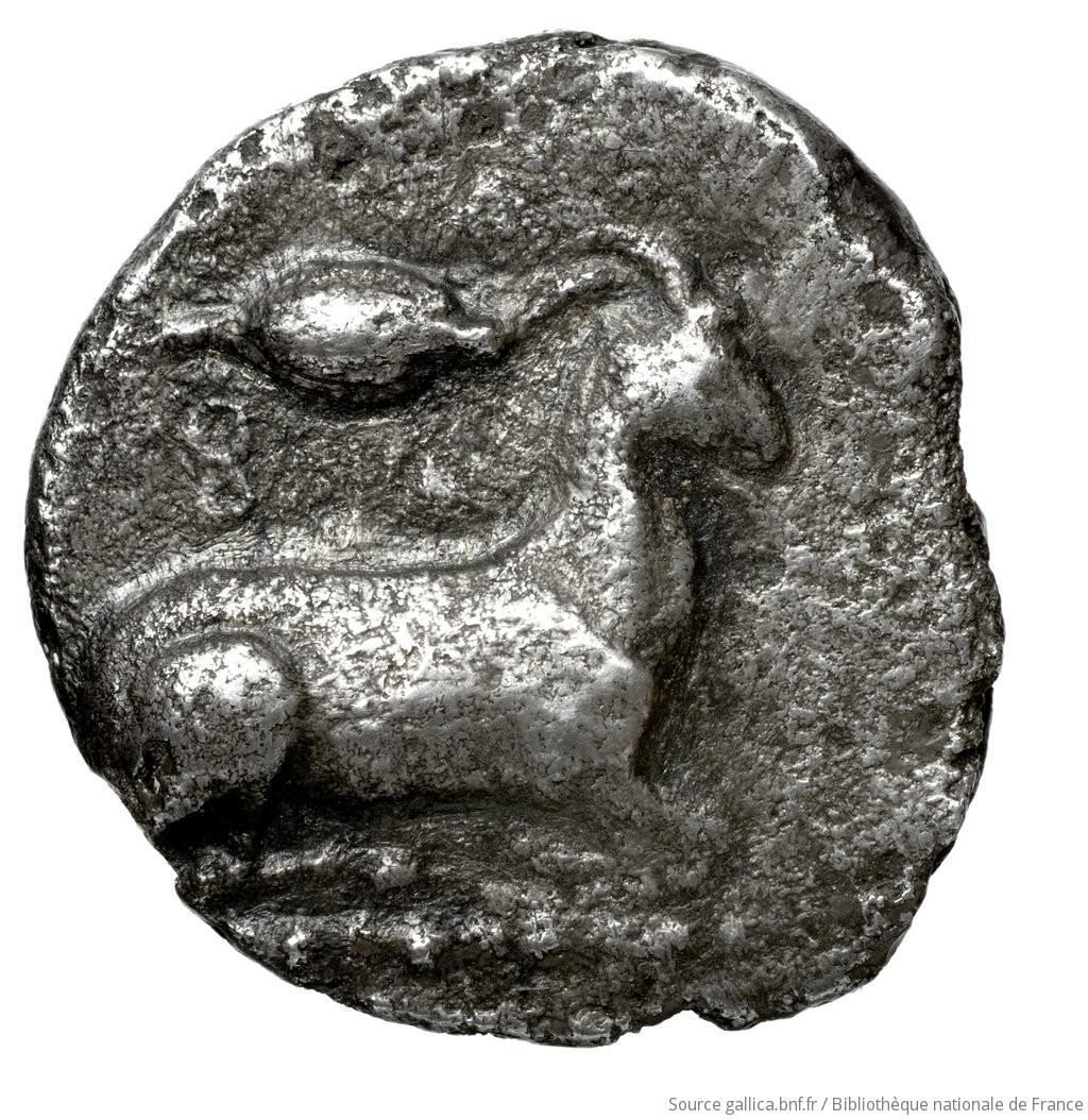 Reverse 'SilCoinCy A4471, Fonds général, acc.no.: Babelon 591. Silver coin of king Evagoras I of Salamis 411 - 374 BC. Weight: 9.32g, Axis: 9h, Diameter: 20mm. Obverse type: Head of Herakles right, bearded, wearing lion's skin with forelegs knotted round his neck: linear border.. Obverse symbol: -. Obverse legend: - in Cypriot syllabic. Reverse type: Goat lying right, on dotted exergual line: the whole in deep incuse square.. Reverse symbol: grain d’orge. Reverse legend: le in Cypriot syllabic. 'Catalogue des monnaies grecques de la Bibliothèque Nationale: les Perses Achéménides, les satrapes et les dynastes tributaires de leur empire: Cypre et la Phénicie'.