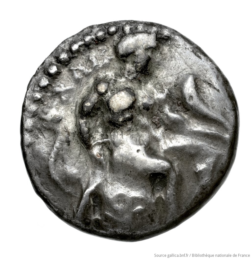 Obverse 'SilCoinCy A4472, Fonds général, acc.no.: Babelon 592. Silver coin of king Evagoras I of Salamis 411 - 374 BC. Weight: 3.36g, Axis: 7h, Diameter: 14mm. Obverse type: Herakles, beardless, nude, seated right on rock, on which is spread his lion's skin; he holds in left horn, in right club (head of which rests on ground): border of dots.. Obverse symbol: -. Obverse legend: e-u-wa-ko-(ro) in Cypriot syllabic. Reverse type: Goat lying right, on dotted exergual line: the whole in deep incuse square.. Reverse symbol: -. Reverse legend: pa-si-le-wo-se in Cypriot syllabic. 'Catalogue des monnaies grecques de la Bibliothèque Nationale: les Perses Achéménides, les satrapes et les dynastes tributaires de leur empire: Cypre et la Phénicie'.