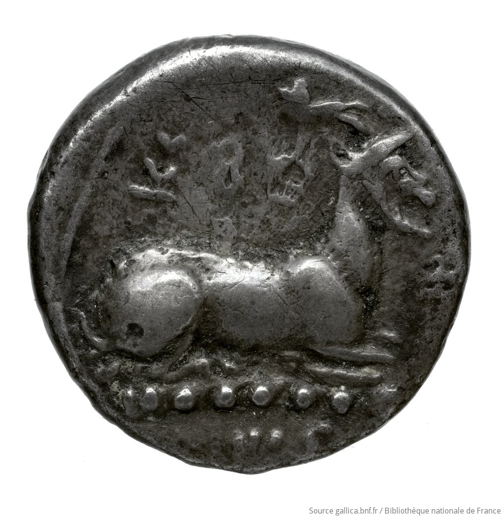 Reverse 'SilCoinCy A4472, Fonds général, acc.no.: Babelon 592. Silver coin of king Evagoras I of Salamis 411 - 374 BC. Weight: 3.36g, Axis: 7h, Diameter: 14mm. Obverse type: Herakles, beardless, nude, seated right on rock, on which is spread his lion's skin; he holds in left horn, in right club (head of which rests on ground): border of dots.. Obverse symbol: -. Obverse legend: e-u-wa-ko-(ro) in Cypriot syllabic. Reverse type: Goat lying right, on dotted exergual line: the whole in deep incuse square.. Reverse symbol: -. Reverse legend: pa-si-le-wo-se in Cypriot syllabic. 'Catalogue des monnaies grecques de la Bibliothèque Nationale: les Perses Achéménides, les satrapes et les dynastes tributaires de leur empire: Cypre et la Phénicie'.