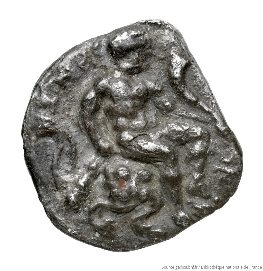 Obverse 'SilCoinCy A4473, Fonds général, acc.no.: Babelon 594. Silver coin of king Evagoras I of Salamis 411 - 374 BC. Weight: 3.04g, Axis: 8h, Diameter: 16mm. Obverse type: Herakles, beardless, nude, seated right on rock, on which is spread his lion's skin; he holds in left horn, in right club (head of which rests on ground): border of dots.. Obverse symbol: -. Obverse legend: e-u-wa in Cypriot syllabic. Reverse type: Goat lying right, on dotted exergual line: the whole in deep incuse square.. Reverse symbol: Δ. Reverse legend: pa-si-le in Cypriot syllabic. 'Catalogue des monnaies grecques de la Bibliothèque Nationale: les Perses Achéménides, les satrapes et les dynastes tributaires de leur empire: Cypre et la Phénicie'.