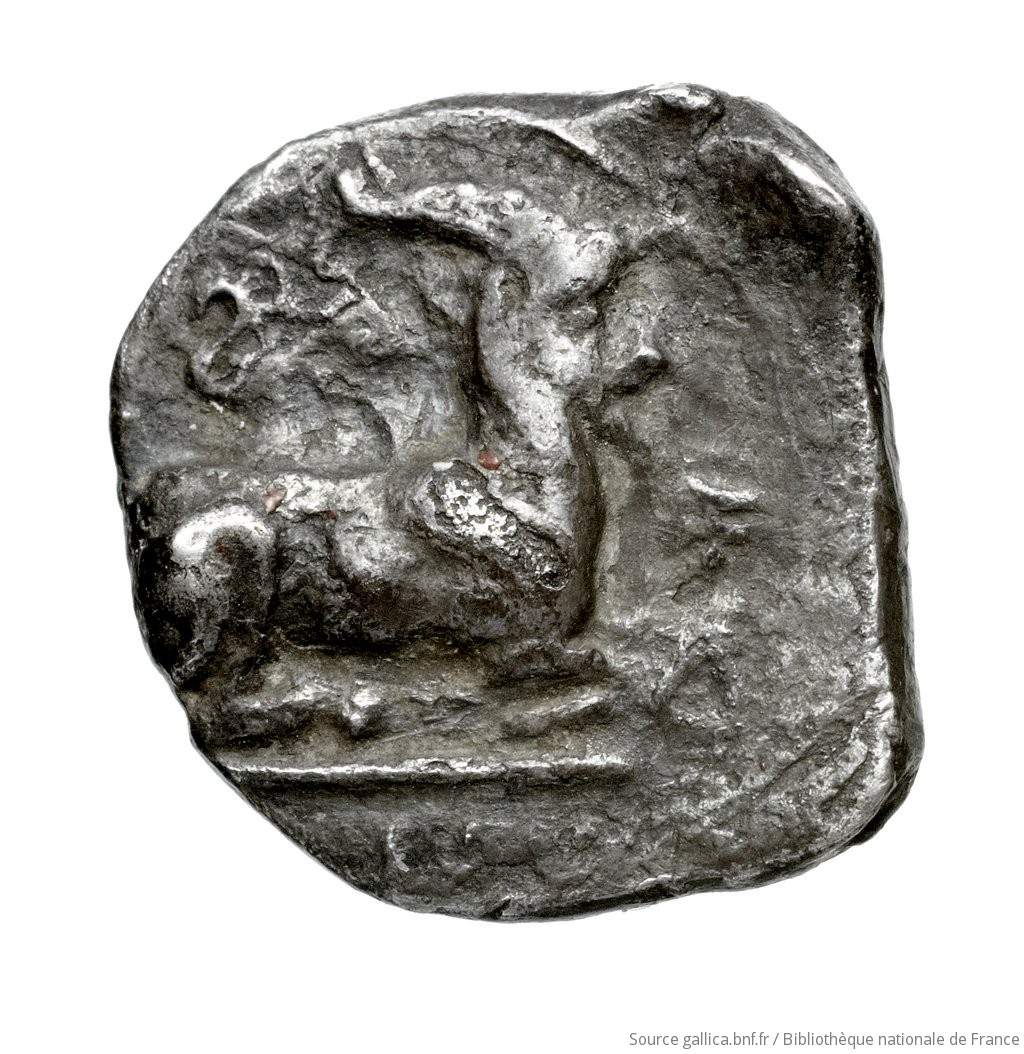 Reverse 'SilCoinCy A4473, Fonds général, acc.no.: Babelon 594. Silver coin of king Evagoras I of Salamis 411 - 374 BC. Weight: 3.04g, Axis: 8h, Diameter: 16mm. Obverse type: Herakles, beardless, nude, seated right on rock, on which is spread his lion's skin; he holds in left horn, in right club (head of which rests on ground): border of dots.. Obverse symbol: -. Obverse legend: e-u-wa in Cypriot syllabic. Reverse type: Goat lying right, on dotted exergual line: the whole in deep incuse square.. Reverse symbol: Δ. Reverse legend: pa-si-le in Cypriot syllabic. 'Catalogue des monnaies grecques de la Bibliothèque Nationale: les Perses Achéménides, les satrapes et les dynastes tributaires de leur empire: Cypre et la Phénicie'.