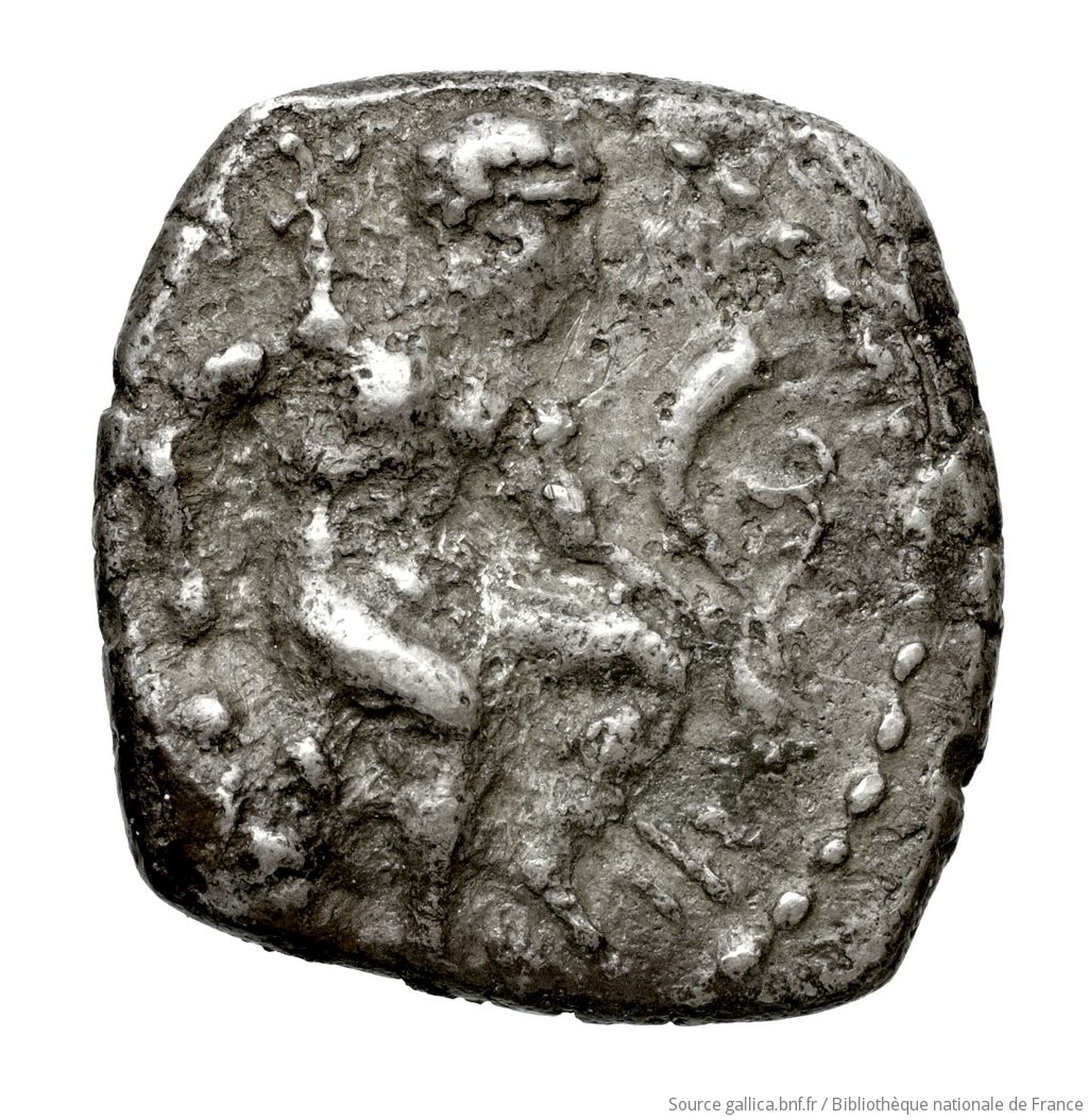 Obverse 'SilCoinCy A4474, Henri Seyrig, acc.no.: . Silver coin of king Evagoras I of Salamis 411 - 374 BC. Weight: 3.11g, Axis: 9h, Diameter: 15mm. Obverse type: Herakles, beardless, nude, seated right on rock, on which is spread his lion's skin; he holds in left horn, in right club (head of which rests on ground): border of dots.. Obverse symbol: -. Obverse legend: - in Cypriot syllabic. Reverse type: Goat lying right, on dotted exergual line: the whole in deep incuse square.. Reverse symbol: -. Reverse legend: pa-si-le-wo-se in Cypriot syllabic.