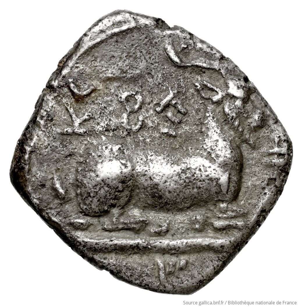 Reverse 'SilCoinCy A4474, Henri Seyrig, acc.no.: . Silver coin of king Evagoras I of Salamis 411 - 374 BC. Weight: 3.11g, Axis: 9h, Diameter: 15mm. Obverse type: Herakles, beardless, nude, seated right on rock, on which is spread his lion's skin; he holds in left horn, in right club (head of which rests on ground): border of dots.. Obverse symbol: -. Obverse legend: - in Cypriot syllabic. Reverse type: Goat lying right, on dotted exergual line: the whole in deep incuse square.. Reverse symbol: -. Reverse legend: pa-si-le-wo-se in Cypriot syllabic.