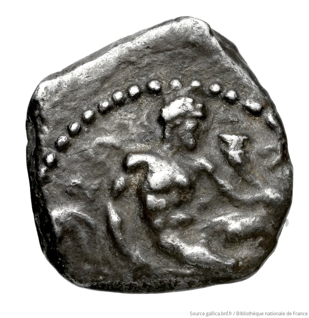 Obverse 'SilCoinCy A4475, Fonds général, acc.no.: Babelon 596. Silver coin of king Evagoras I of Salamis 411 - 374 BC. Weight: 3.24g, Axis: 9h, Diameter: 15mm. Obverse type: Herakles, beardless, nude, seated right on rock, on which is spread his lion's skin; he holds in left horn, in right club (head of which rests on ground): border of dots.. Obverse symbol: -. Obverse legend: e-u-wa in Cypriot syllabic. Reverse type: Goat lying right, on dotted exergual line: the whole in deep incuse square.. Reverse symbol: cy syllqbic sign. Reverse legend: pa-si-le-wo-se in Cypriot syllabic. 'Catalogue des monnaies grecques de la Bibliothèque Nationale: les Perses Achéménides, les satrapes et les dynastes tributaires de leur empire: Cypre et la Phénicie'.