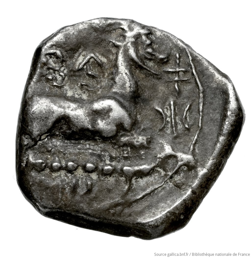 Reverse 'SilCoinCy A4475, Fonds général, acc.no.: Babelon 596. Silver coin of king Evagoras I of Salamis 411 - 374 BC. Weight: 3.24g, Axis: 9h, Diameter: 15mm. Obverse type: Herakles, beardless, nude, seated right on rock, on which is spread his lion's skin; he holds in left horn, in right club (head of which rests on ground): border of dots.. Obverse symbol: -. Obverse legend: e-u-wa in Cypriot syllabic. Reverse type: Goat lying right, on dotted exergual line: the whole in deep incuse square.. Reverse symbol: cy syllqbic sign. Reverse legend: pa-si-le-wo-se in Cypriot syllabic. 'Catalogue des monnaies grecques de la Bibliothèque Nationale: les Perses Achéménides, les satrapes et les dynastes tributaires de leur empire: Cypre et la Phénicie'.