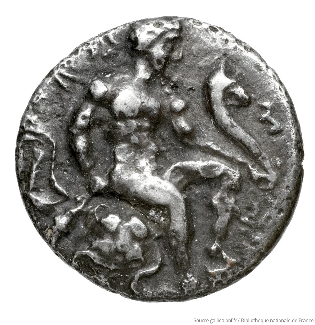 Obverse 'SilCoinCy A4476, Fonds général, acc.no.: Babelon 597. Silver coin of king Evagoras I of Salamis 411 - 374 BC. Weight: 2.94g, Axis: 12h, Diameter: 15mm. Obverse type: Herakles, beardless, nude, seated right on rock, on which is spread his lion's skin; he holds in left horn, in right club (head of which rests on ground): border of dots.. Obverse symbol: -. Obverse legend: e-u-wa-ko-ro in Cypriot syllabic. Reverse type: Goat lying right, on dotted exergual line: the whole in deep incuse square.. Reverse symbol: Δ. Reverse legend: pa-si-le-(wo)-se in Cypriot syllabic. 'Catalogue des monnaies grecques de la Bibliothèque Nationale: les Perses Achéménides, les satrapes et les dynastes tributaires de leur empire: Cypre et la Phénicie'.