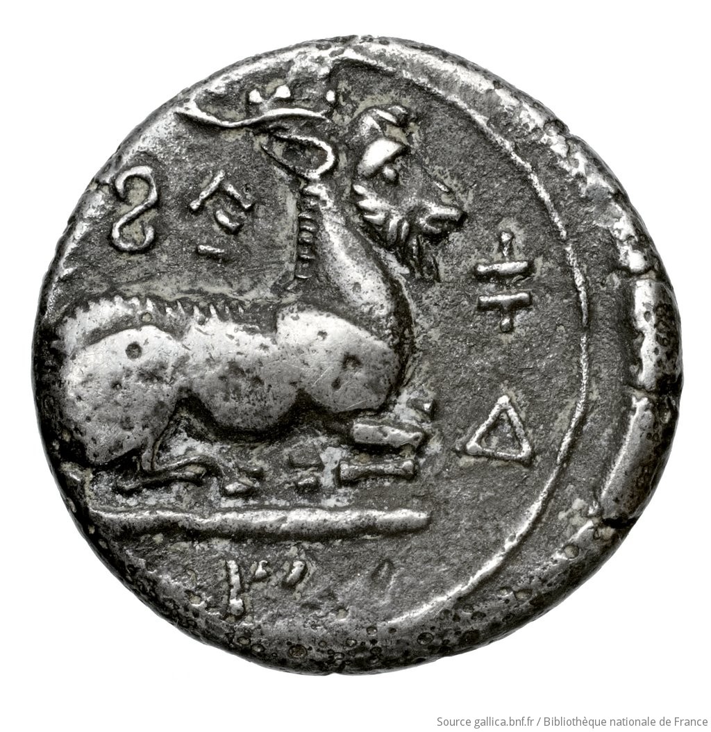 Reverse 'SilCoinCy A4476, Fonds général, acc.no.: Babelon 597. Silver coin of king Evagoras I of Salamis 411 - 374 BC. Weight: 2.94g, Axis: 12h, Diameter: 15mm. Obverse type: Herakles, beardless, nude, seated right on rock, on which is spread his lion's skin; he holds in left horn, in right club (head of which rests on ground): border of dots.. Obverse symbol: -. Obverse legend: e-u-wa-ko-ro in Cypriot syllabic. Reverse type: Goat lying right, on dotted exergual line: the whole in deep incuse square.. Reverse symbol: Δ. Reverse legend: pa-si-le-(wo)-se in Cypriot syllabic. 'Catalogue des monnaies grecques de la Bibliothèque Nationale: les Perses Achéménides, les satrapes et les dynastes tributaires de leur empire: Cypre et la Phénicie'.