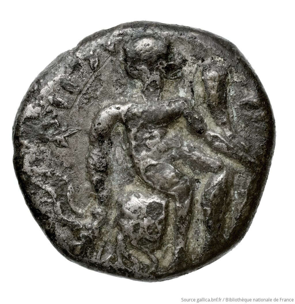 Obverse 'SilCoinCy A4477, Fonds général, acc.no.: Babelon 599. Silver-plated coin of king Evagoras I of Salamis 411 - 374 BC. Weight: 2.46g, Axis: 3h, Diameter: 14mm. Obverse type: Herakles, beardless, nude, seated right on rock, on which is spread his lion's skin; he holds in left horn, in right club (head of which rests on ground): border of dots.. Obverse symbol: -. Obverse legend: e-u-wa in Cypriot syllabic. Reverse type: Goat lying right, on dotted exergual line: the whole in deep incuse square.. Reverse symbol: Δ. Reverse legend: pa-si-le in Cypriot syllabic. 'Catalogue des monnaies grecques de la Bibliothèque Nationale: les Perses Achéménides, les satrapes et les dynastes tributaires de leur empire: Cypre et la Phénicie'.