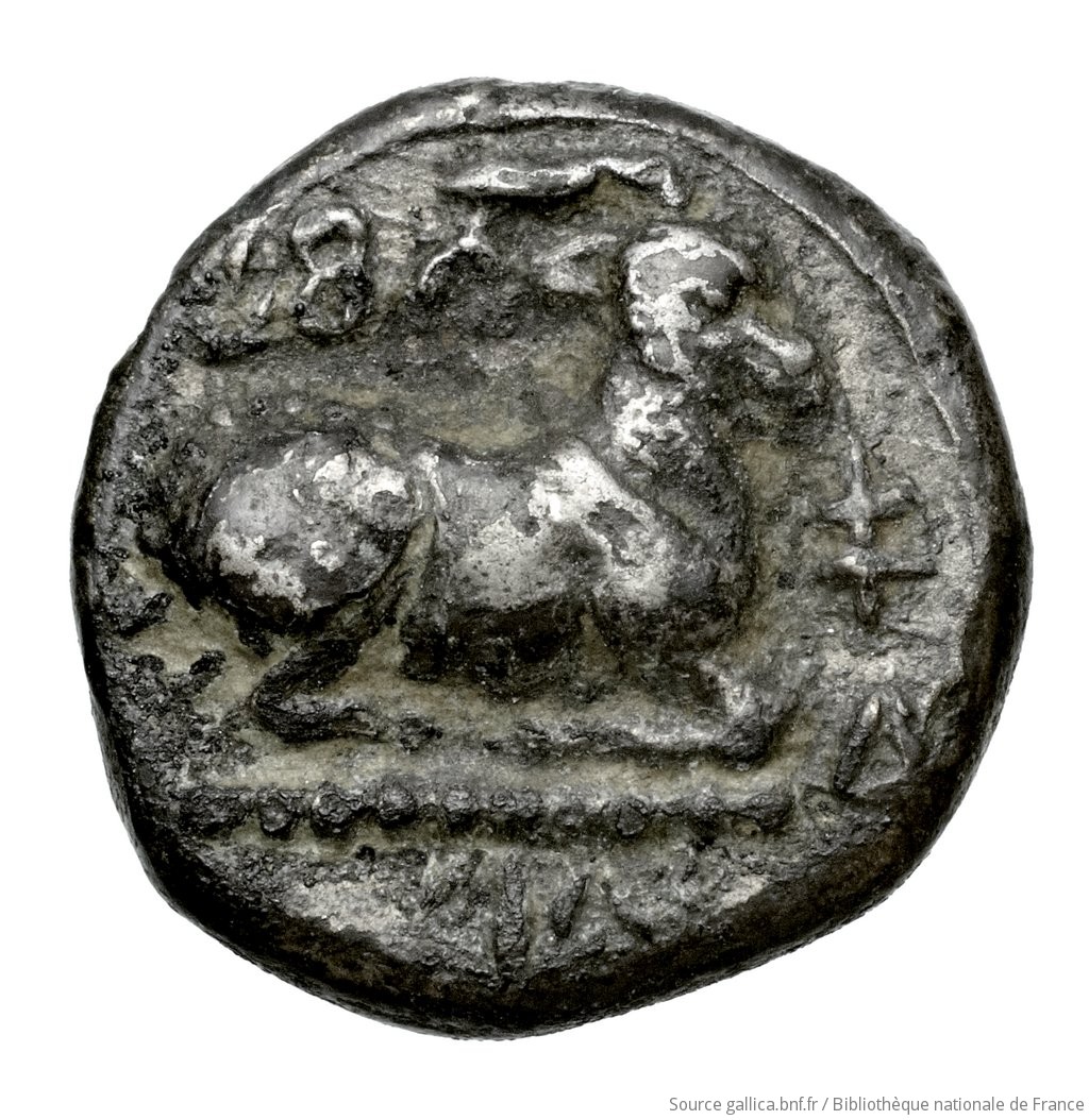 Reverse 'SilCoinCy A4477, Fonds général, acc.no.: Babelon 599. Silver-plated coin of king Evagoras I of Salamis 411 - 374 BC. Weight: 2.46g, Axis: 3h, Diameter: 14mm. Obverse type: Herakles, beardless, nude, seated right on rock, on which is spread his lion's skin; he holds in left horn, in right club (head of which rests on ground): border of dots.. Obverse symbol: -. Obverse legend: e-u-wa in Cypriot syllabic. Reverse type: Goat lying right, on dotted exergual line: the whole in deep incuse square.. Reverse symbol: Δ. Reverse legend: pa-si-le in Cypriot syllabic. 'Catalogue des monnaies grecques de la Bibliothèque Nationale: les Perses Achéménides, les satrapes et les dynastes tributaires de leur empire: Cypre et la Phénicie'.