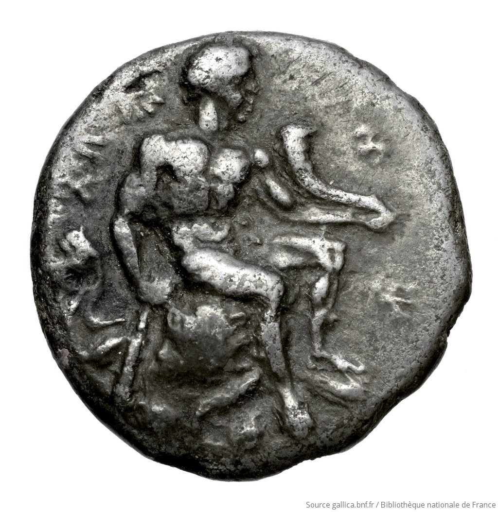 Obverse 'SilCoinCy A4478, Waddington, acc.no.: Babelon 599A. Silver coin of king Evagoras I of Salamis 411 - 374 BC. Weight: 3.38g, Axis: 12h, Diameter: 15mm. Obverse type: Herakles, beardless, nude, seated right on rock, on which is spread his lion's skin; he holds in left horn, in right club (head of which rests on ground): border of dots.. Obverse symbol: -. Obverse legend: e-u-wa-ko-ro in Cypriot syllabic. Reverse type: Goat lying right, on dotted exergual line: the whole in deep incuse square.. Reverse symbol: -. Reverse legend: pa-si-le-wo-se in Cypriot syllabic. 'Catalogue des monnaies grecques de la Bibliothèque Nationale: les Perses Achéménides, les satrapes et les dynastes tributaires de leur empire: Cypre et la Phénicie', 'Inventaire de la Collection Waddington'.