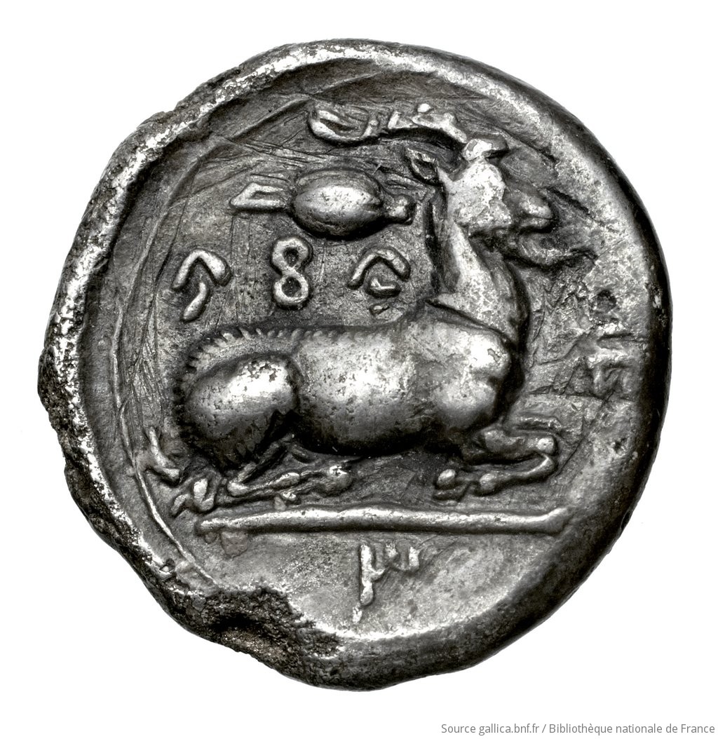 Οπισθότυπος 'SilCoinCy A4478, Waddington, acc.no.: Babelon 599A. Silver coin of king Evagoras I of Salamis 411 - 374 BC. Weight: 3.38g, Axis: 12h, Diameter: 15mm. Obverse type: Herakles, beardless, nude, seated right on rock, on which is spread his lion's skin; he holds in left horn, in right club (head of which rests on ground): border of dots.. Obverse symbol: -. Obverse legend: e-u-wa-ko-ro in Cypriot syllabic. Reverse type: Goat lying right, on dotted exergual line: the whole in deep incuse square.. Reverse symbol: -. Reverse legend: pa-si-le-wo-se in Cypriot syllabic. 'Catalogue des monnaies grecques de la Bibliothèque Nationale: les Perses Achéménides, les satrapes et les dynastes tributaires de leur empire: Cypre et la Phénicie', 'Inventaire de la Collection Waddington'.