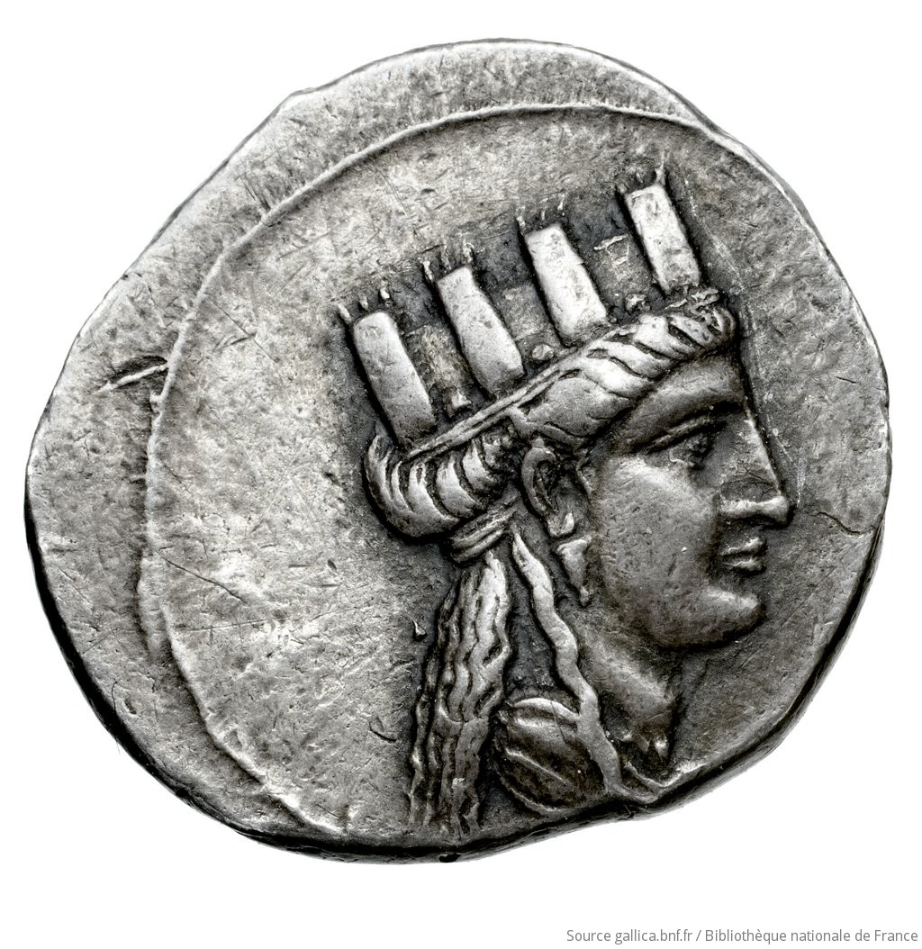 Obverse 'SilCoinCy A4485, Fonds général, acc.no.: Babelon 607. Silver coin of king Evagoras II of Salamis 361 - 351 BC. Weight: 7.05g, Axis: 8h, Diameter: 20mm. Obverse type: Head of Aphrodite right, wearing turreted crown, drop earring, necklace, and drapery on shoulders: linear circle.. Obverse symbol: -. Obverse legend: - in -. Reverse type: Head of Athena right, wearing crested and laureate Corinthian helmet, drop earring, and drapery on shoulders.. Reverse symbol: -. Reverse legend: ΕΥΑ in Greek. 'Catalogue des monnaies grecques de la Bibliothèque Nationale: les Perses Achéménides, les satrapes et les dynastes tributaires de leur empire: Cypre et la Phénicie'.
