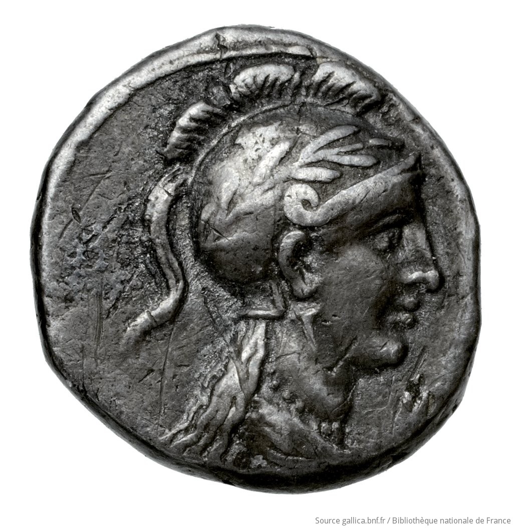Reverse 'SilCoinCy A4487, Fonds général, acc.no.: Babelon 608. Silver coin of king Evagoras II of Salamis 361 - 351 BC. Weight: 1.59g, Axis: 5h, Diameter: 11mm. Obverse type: Head of Aphrodite right, wearing turreted crown, drop earring, necklace, and drapery on shoulders: linear circle.. Obverse symbol: -. Obverse legend: - in -. Reverse type: Head of Athena right, wearing crested and laureate Corinthian helmet, drop earring, and drapery on shoulders.. Reverse symbol: -. Reverse legend: - in -. 'Catalogue des monnaies grecques de la Bibliothèque Nationale: les Perses Achéménides, les satrapes et les dynastes tributaires de leur empire: Cypre et la Phénicie'.