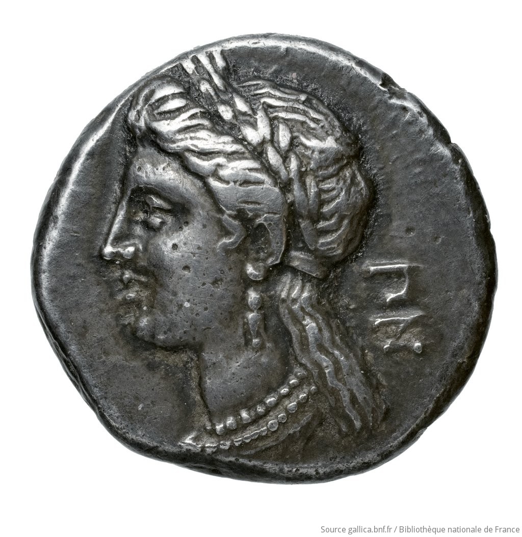 Obverse 'SilCoinCy A4506, Fonds général, acc.no.: Babelon 630. Silver coin of king Pnytagoras of Salamis 351 - 332 BC. Weight: 7g, Axis: 12h, Diameter: 19mm. Obverse type: Bust of Aphrodite left, wearing myrtle-wreath, hair long on neck, bound behind; wears triple-drop earring, necklace, and drapery on shoulders.. Obverse symbol: -. Obverse legend: ΠΝ in Greek. Reverse type: Bust of Artemis left, hair rolled and gathered up and bound behind; wears drop earring, necklace, and drapery on shoulders; quiver behind.. Reverse symbol: -. Reverse legend: ΒΑ in Greek. 'Catalogue des monnaies grecques de la Bibliothèque Nationale: les Perses Achéménides, les satrapes et les dynastes tributaires de leur empire: Cypre et la Phénicie'.