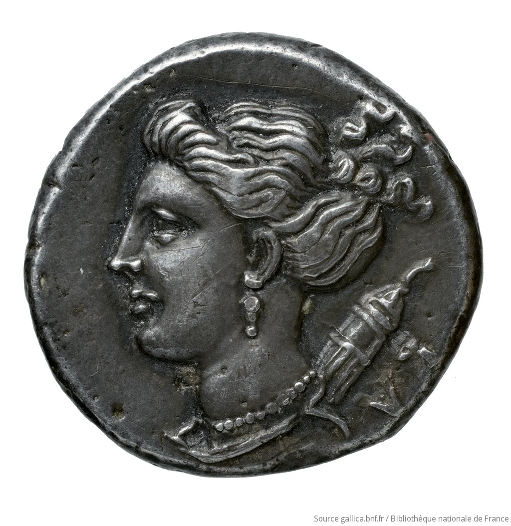 Reverse 'SilCoinCy A4506, Fonds général, acc.no.: Babelon 630. Silver coin of king Pnytagoras of Salamis 351 - 332 BC. Weight: 7g, Axis: 12h, Diameter: 19mm. Obverse type: Bust of Aphrodite left, wearing myrtle-wreath, hair long on neck, bound behind; wears triple-drop earring, necklace, and drapery on shoulders.. Obverse symbol: -. Obverse legend: ΠΝ in Greek. Reverse type: Bust of Artemis left, hair rolled and gathered up and bound behind; wears drop earring, necklace, and drapery on shoulders; quiver behind.. Reverse symbol: -. Reverse legend: ΒΑ in Greek. 'Catalogue des monnaies grecques de la Bibliothèque Nationale: les Perses Achéménides, les satrapes et les dynastes tributaires de leur empire: Cypre et la Phénicie'.