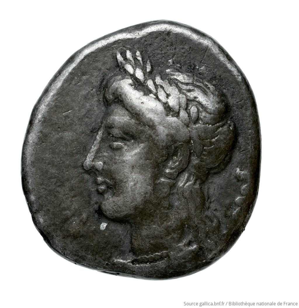 Obverse 'SilCoinCy A4507, Fonds général, acc.no.: Babelon 631. Silver coin of king Pnytagoras of Salamis 351 - 332 BC. Weight: 6.95g, Axis: 2h, Diameter: 18mm. Obverse type: Bust of Aphrodite left, wearing myrtle-wreath, hair long on neck, bound behind; wears triple-drop earring, necklace, and drapery on shoulders.. Obverse symbol: -. Obverse legend: ΠΝ in Greek. Reverse type: Bust of Artemis left, hair rolled and gathered up and bound behind; wears drop earring, necklace, and drapery on shoulders; quiver behind.. Reverse symbol: -. Reverse legend: ΒΑ in Greek. 'Catalogue des monnaies grecques de la Bibliothèque Nationale: les Perses Achéménides, les satrapes et les dynastes tributaires de leur empire: Cypre et la Phénicie'.