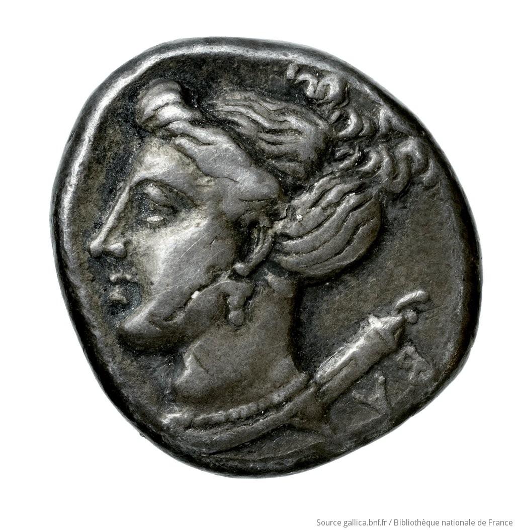 Reverse 'SilCoinCy A4507, Fonds général, acc.no.: Babelon 631. Silver coin of king Pnytagoras of Salamis 351 - 332 BC. Weight: 6.95g, Axis: 2h, Diameter: 18mm. Obverse type: Bust of Aphrodite left, wearing myrtle-wreath, hair long on neck, bound behind; wears triple-drop earring, necklace, and drapery on shoulders.. Obverse symbol: -. Obverse legend: ΠΝ in Greek. Reverse type: Bust of Artemis left, hair rolled and gathered up and bound behind; wears drop earring, necklace, and drapery on shoulders; quiver behind.. Reverse symbol: -. Reverse legend: ΒΑ in Greek. 'Catalogue des monnaies grecques de la Bibliothèque Nationale: les Perses Achéménides, les satrapes et les dynastes tributaires de leur empire: Cypre et la Phénicie'.