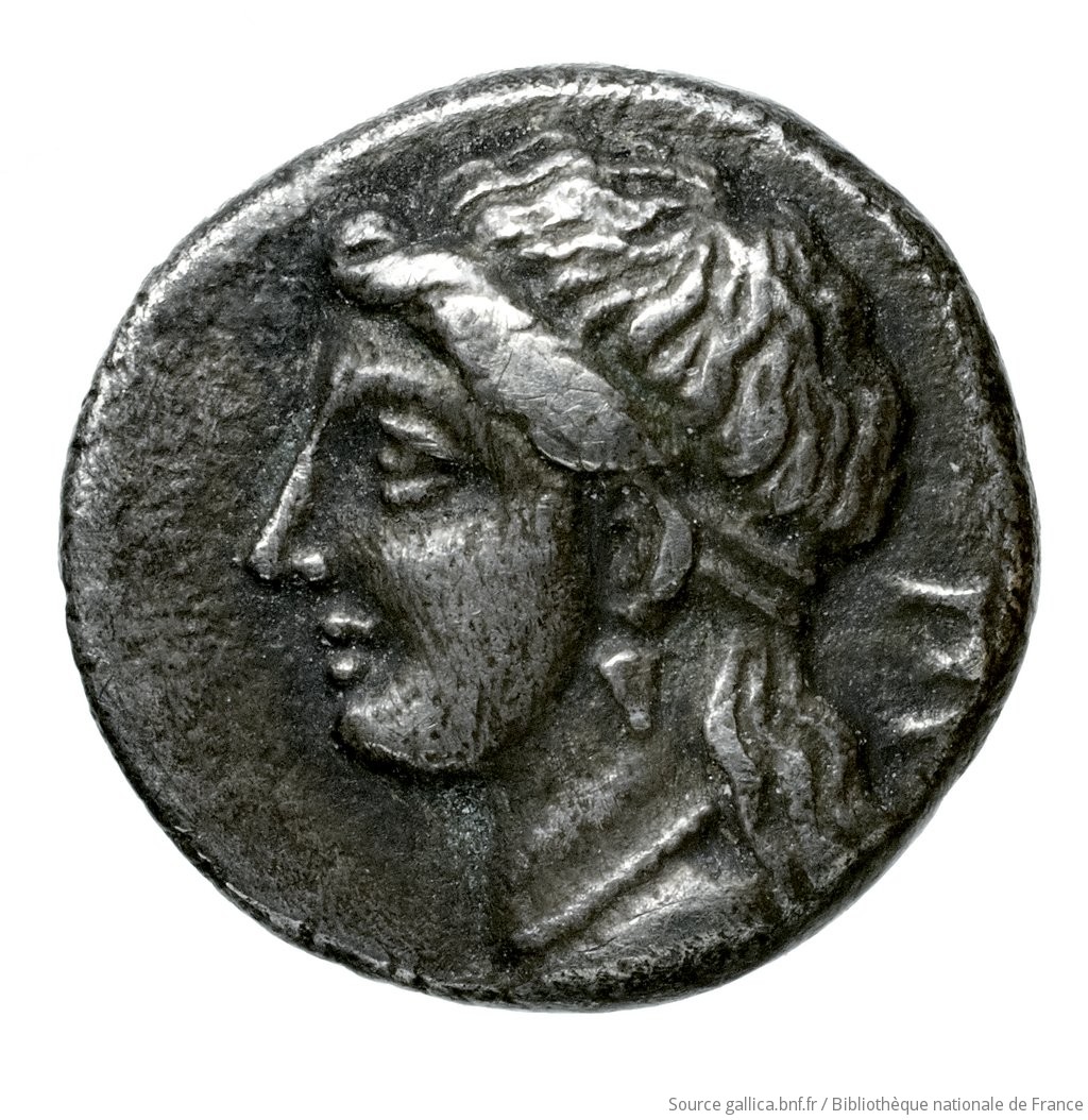 Obverse 'SilCoinCy A4508, Fonds général, acc.no.: Babelon 632. Silver coin of king Pnytagoras of Salamis 351 - 332 BC. Weight: 2.1800000000000002g, Axis: 11h, Diameter: 13mm. Obverse type: Bust of Aphrodite left with long hair, rolled on forehead, confined by fillet, wearing single-drop earring, necklace and drapery on shoulders.. Obverse symbol: -. Obverse legend: ΠΝ in Greek. Reverse type: Bust of Artemis right, hair rolled on forehead and taken up behind, wearing single-drop earring, necklace, drapery on shoulder; behind neck, traces of bow: concave field.. Reverse symbol: -. Reverse legend: ΒΑ in Greek. 'Catalogue des monnaies grecques de la Bibliothèque Nationale: les Perses Achéménides, les satrapes et les dynastes tributaires de leur empire: Cypre et la Phénicie'.