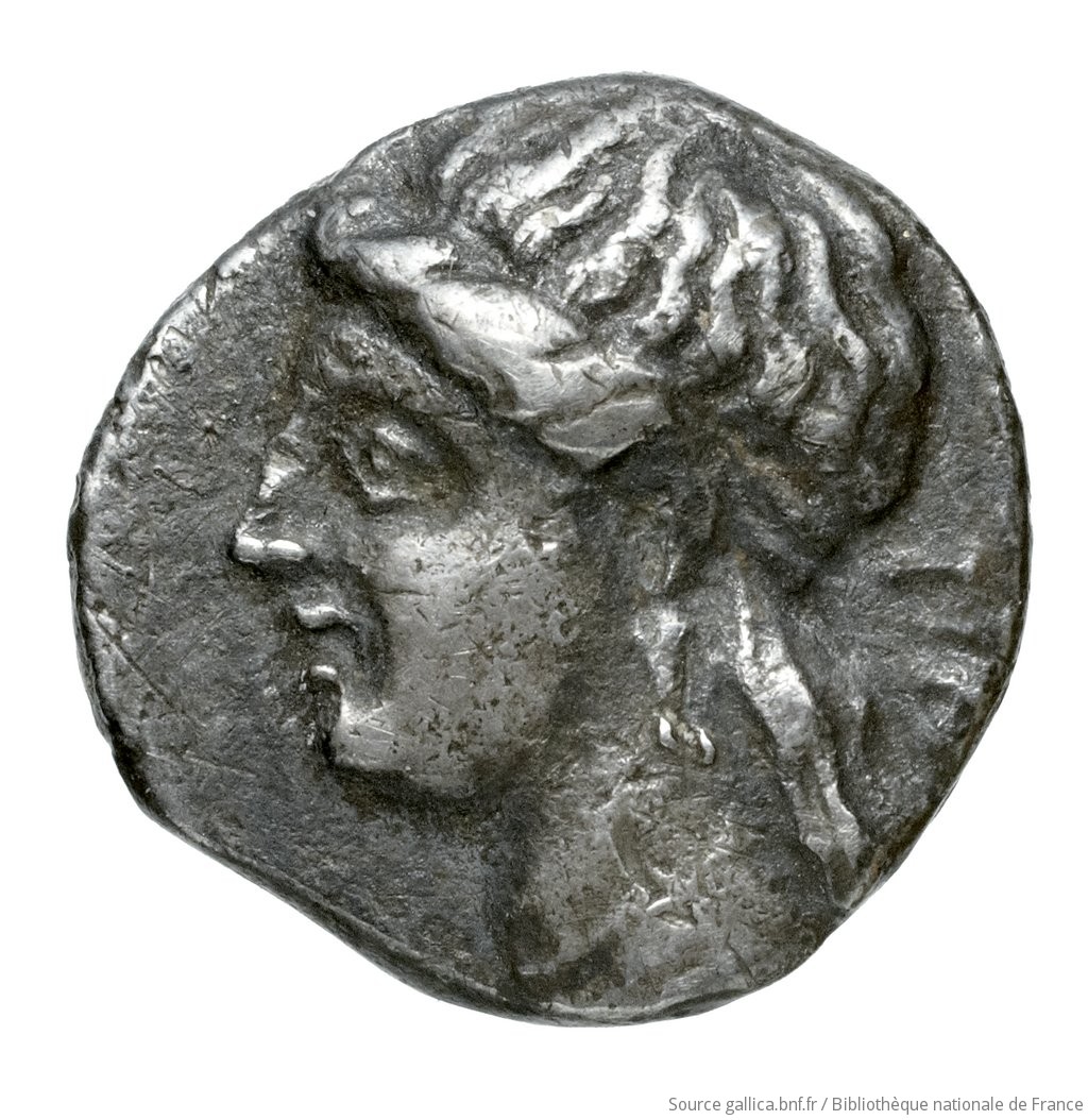 Εμπροσθότυπος 'SilCoinCy A4509, Fonds général, acc.no.: Babelon 633. Silver coin of king Pnytagoras of Salamis 351 - 332 BC. Weight: 2.25g, Axis: 12h, Diameter: 12mm. Obverse type: Bust of Aphrodite left with long hair, rolled on forehead, confined by fillet, wearing single-drop earring, necklace and drapery on shoulders.. Obverse symbol: -. Obverse legend: ΠΝ in Greek. Reverse type: Bust of Artemis right, hair rolled on forehead and taken up behind, wearing single-drop earring, necklace, drapery on shoulder; behind neck, traces of bow: concave field.. Reverse symbol: -. Reverse legend: ΒΑ in Greek. 'Catalogue des monnaies grecques de la Bibliothèque Nationale: les Perses Achéménides, les satrapes et les dynastes tributaires de leur empire: Cypre et la Phénicie'.