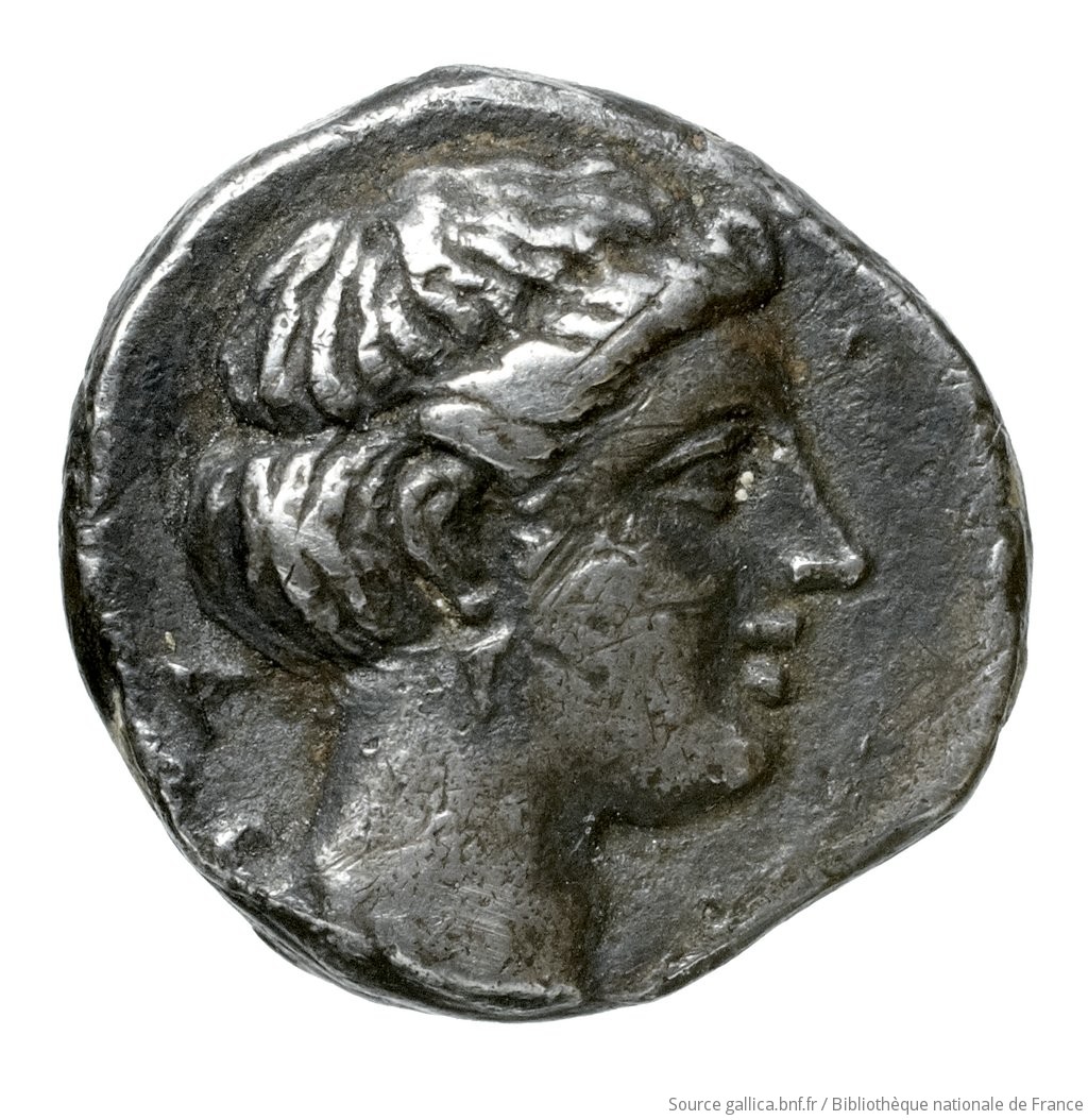 Reverse 'SilCoinCy A4509, Fonds général, acc.no.: Babelon 633. Silver coin of king Pnytagoras of Salamis 351 - 332 BC. Weight: 2.25g, Axis: 12h, Diameter: 12mm. Obverse type: Bust of Aphrodite left with long hair, rolled on forehead, confined by fillet, wearing single-drop earring, necklace and drapery on shoulders.. Obverse symbol: -. Obverse legend: ΠΝ in Greek. Reverse type: Bust of Artemis right, hair rolled on forehead and taken up behind, wearing single-drop earring, necklace, drapery on shoulder; behind neck, traces of bow: concave field.. Reverse symbol: -. Reverse legend: ΒΑ in Greek. 'Catalogue des monnaies grecques de la Bibliothèque Nationale: les Perses Achéménides, les satrapes et les dynastes tributaires de leur empire: Cypre et la Phénicie'.
