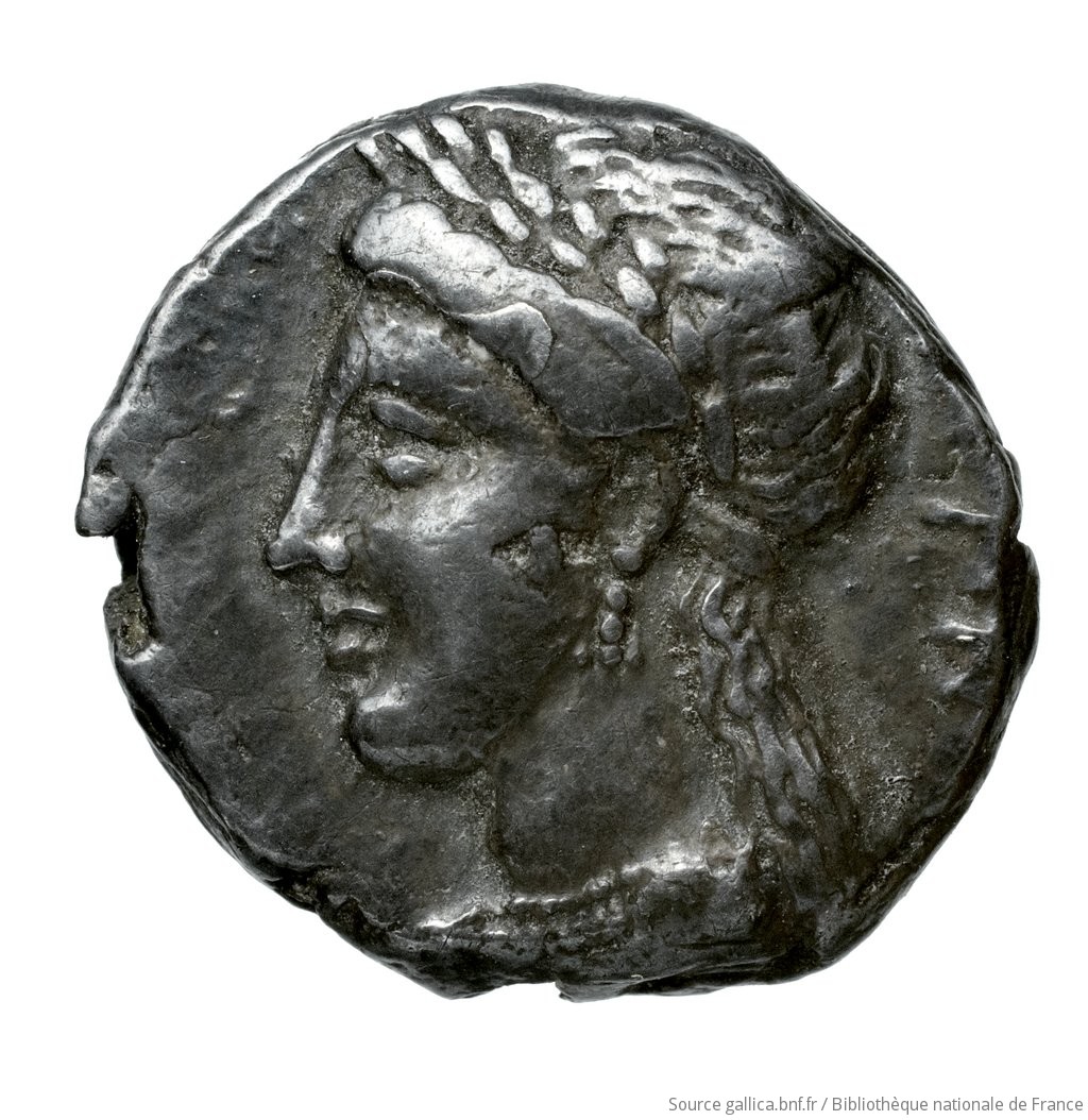 Obverse 'SilCoinCy A4510, Waddington, acc.no.: Babelon 633A. Silver coin of king Pnytagoras of Salamis 351 - 332 BC. Weight: 6.93g, Axis: 12h, Diameter: 18mm. Obverse type: Bust of Aphrodite left, wearing myrtle-wreath, hair long on neck, bound behind; wears triple-drop earring, necklace, and drapery on shoulders.. Obverse symbol: -. Obverse legend: ΠΝ in Greek. Reverse type: Bust of Artemis left, hair rolled and gathered up and bound behind; wears drop earring, necklace, and drapery on shoulders; quiver behind.. Reverse symbol: -. Reverse legend: ΒΑ in Greek. 'Catalogue des monnaies grecques de la Bibliothèque Nationale: les Perses Achéménides, les satrapes et les dynastes tributaires de leur empire: Cypre et la Phénicie', 'Inventaire de la Collection Waddington'.